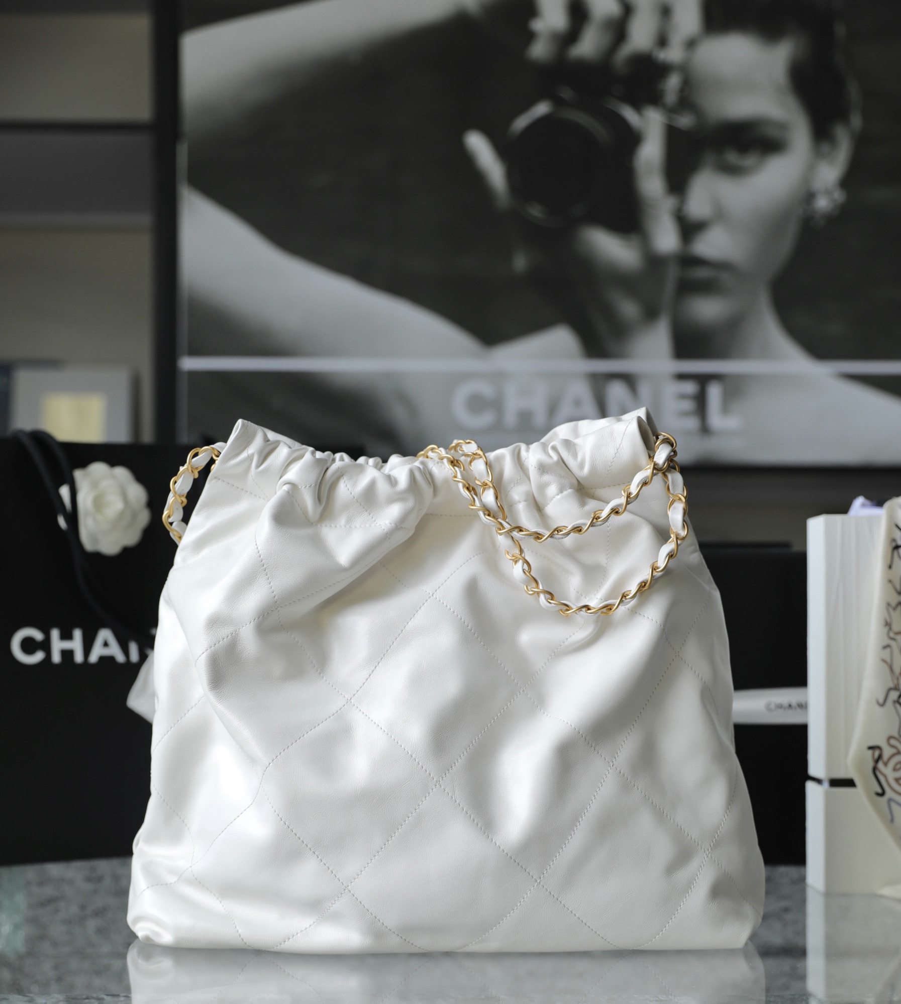 CHANEL Medium 22 Bag White Calfskin Gold Hardware