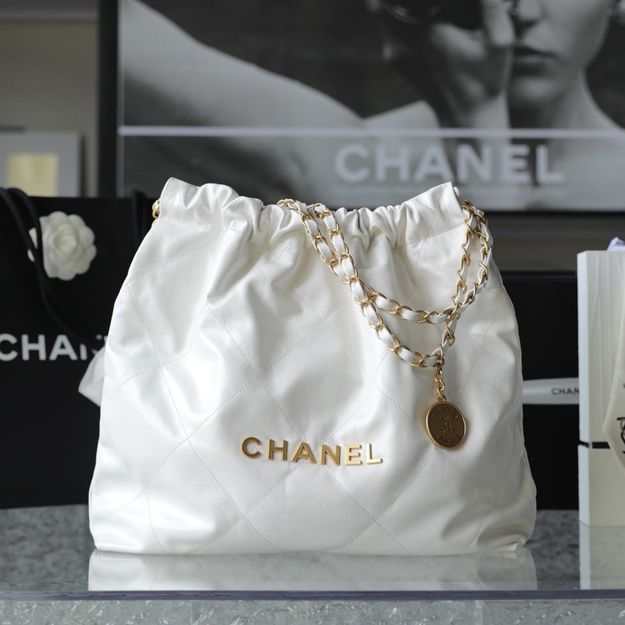 CHANEL Medium 22 Bag White Calfskin Gold Hardware