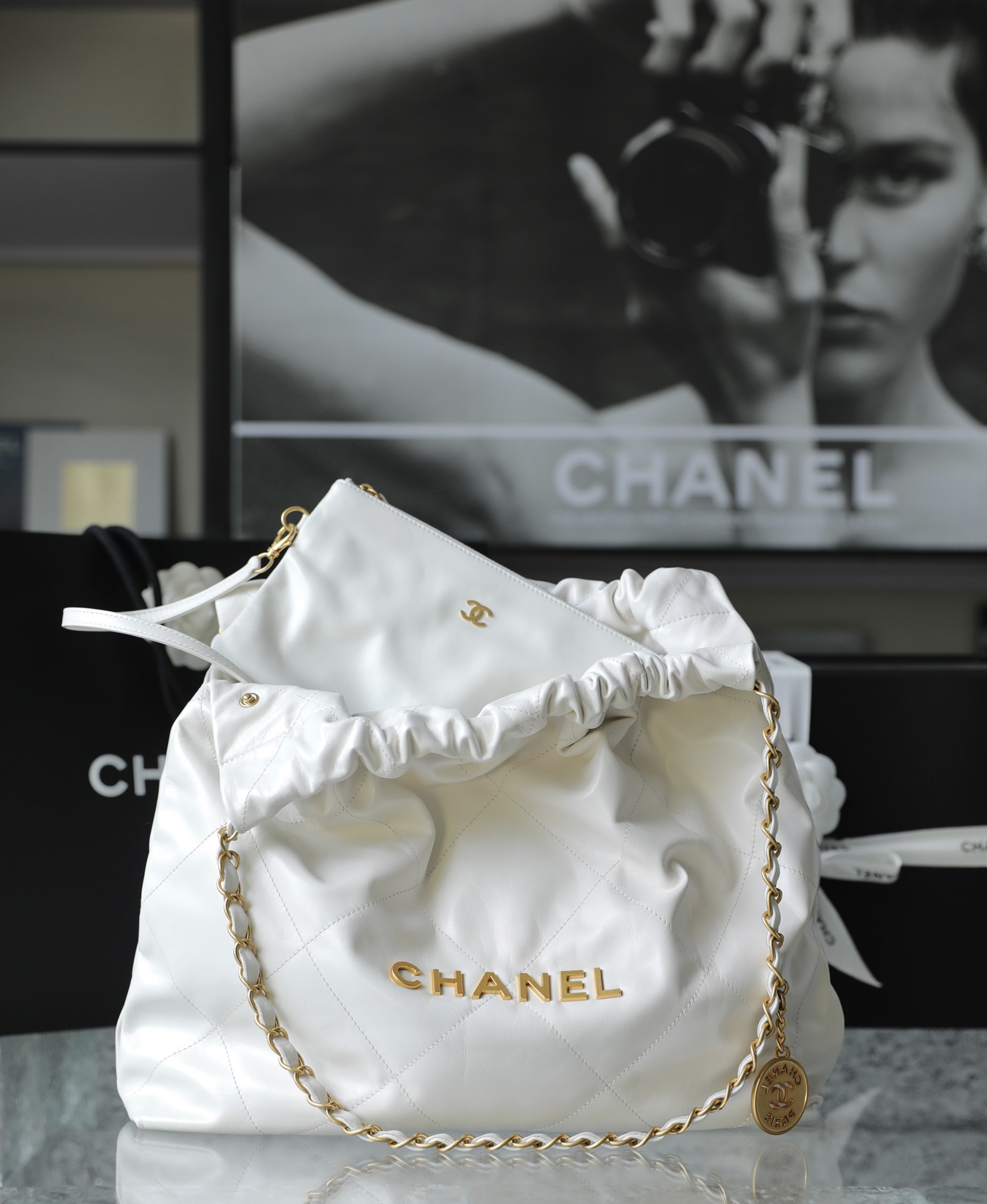 CHANEL Medium 22 Bag White Calfskin Gold Hardware