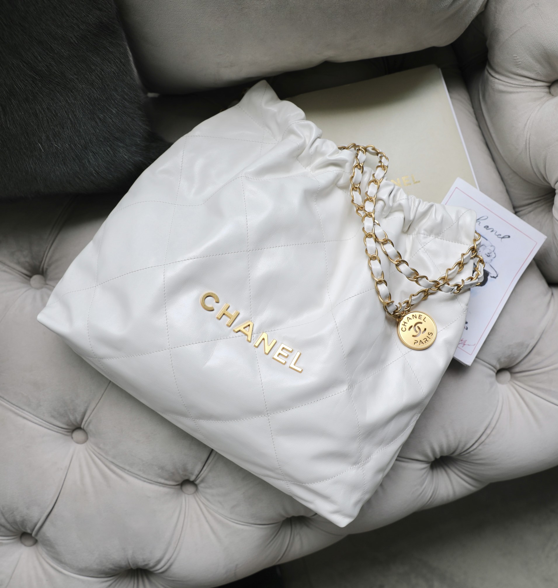 CHANEL Medium 22 Bag White Calfskin Gold Hardware