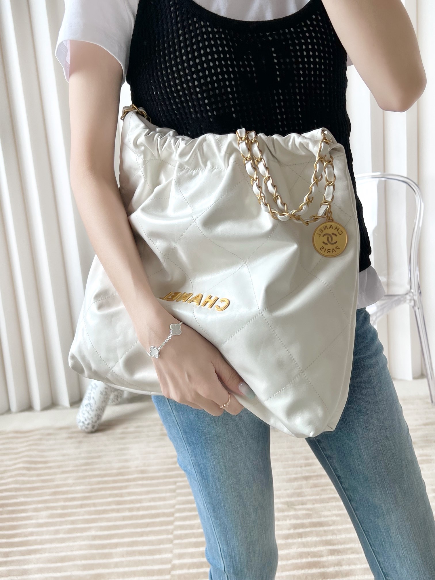 CHANEL Medium 22 Bag White Calfskin Gold Hardware