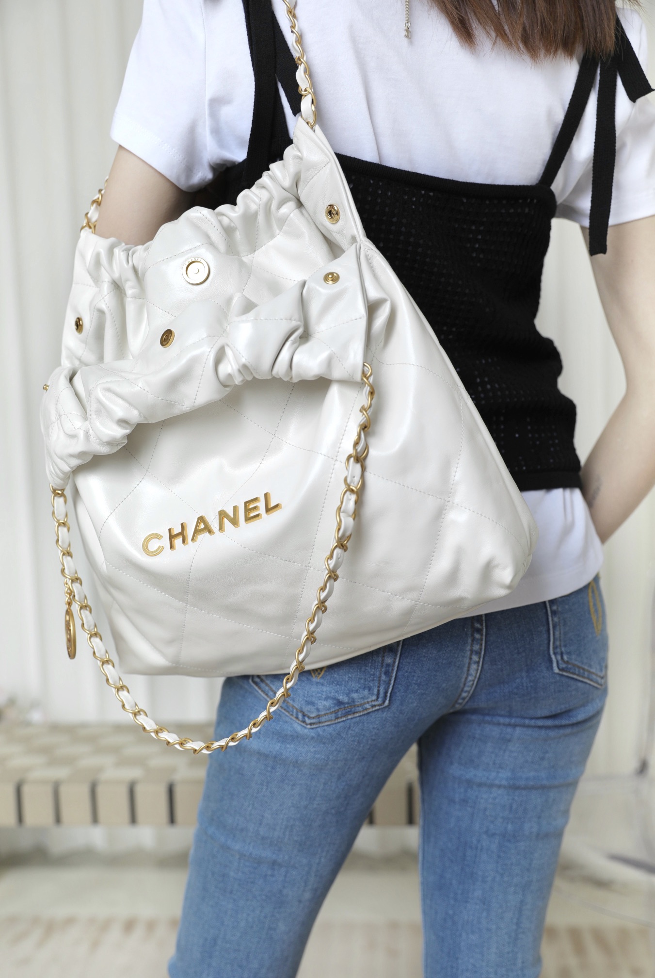 CHANEL Medium 22 Bag White Calfskin Gold Hardware