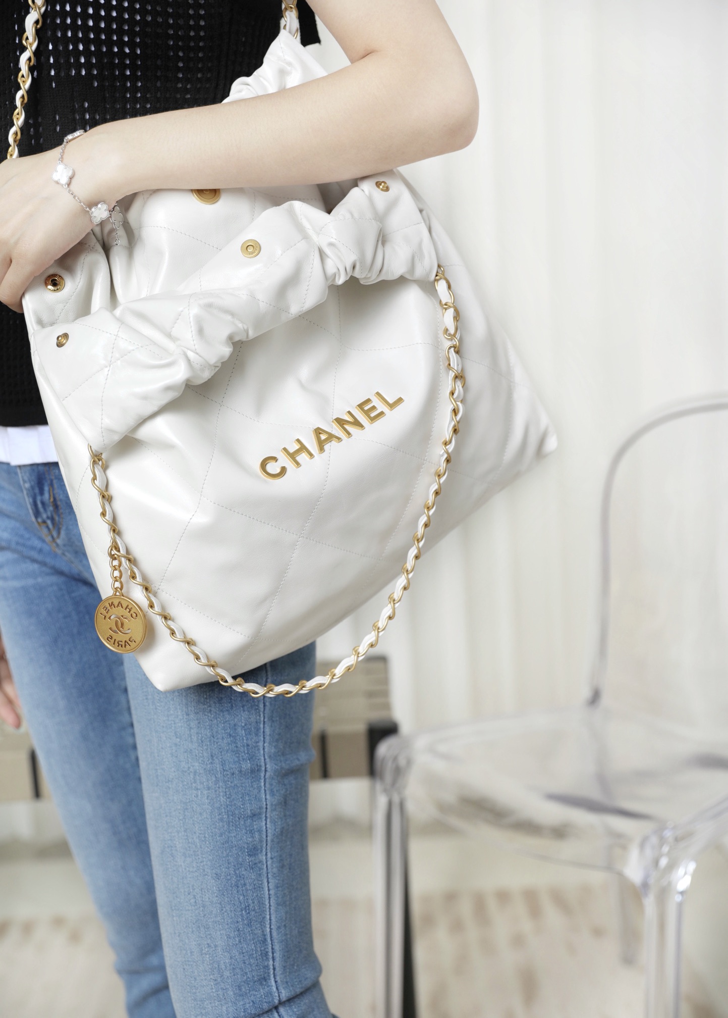 CHANEL Medium 22 Bag White Calfskin Gold Hardware