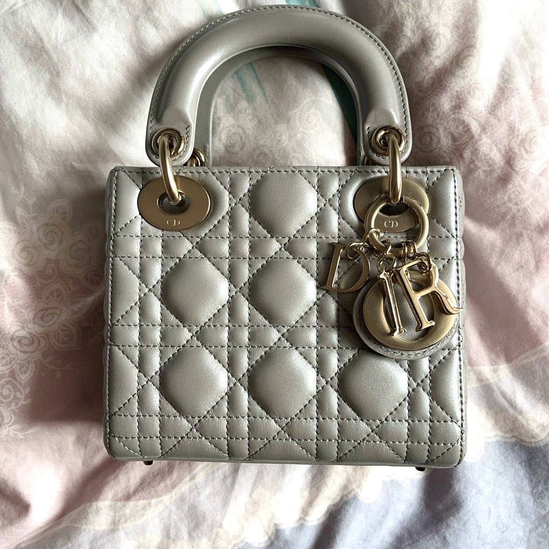 DIOR Mini Lady Dior Bag Grey Pearlescent Cannage Lambskin Gold Hardware