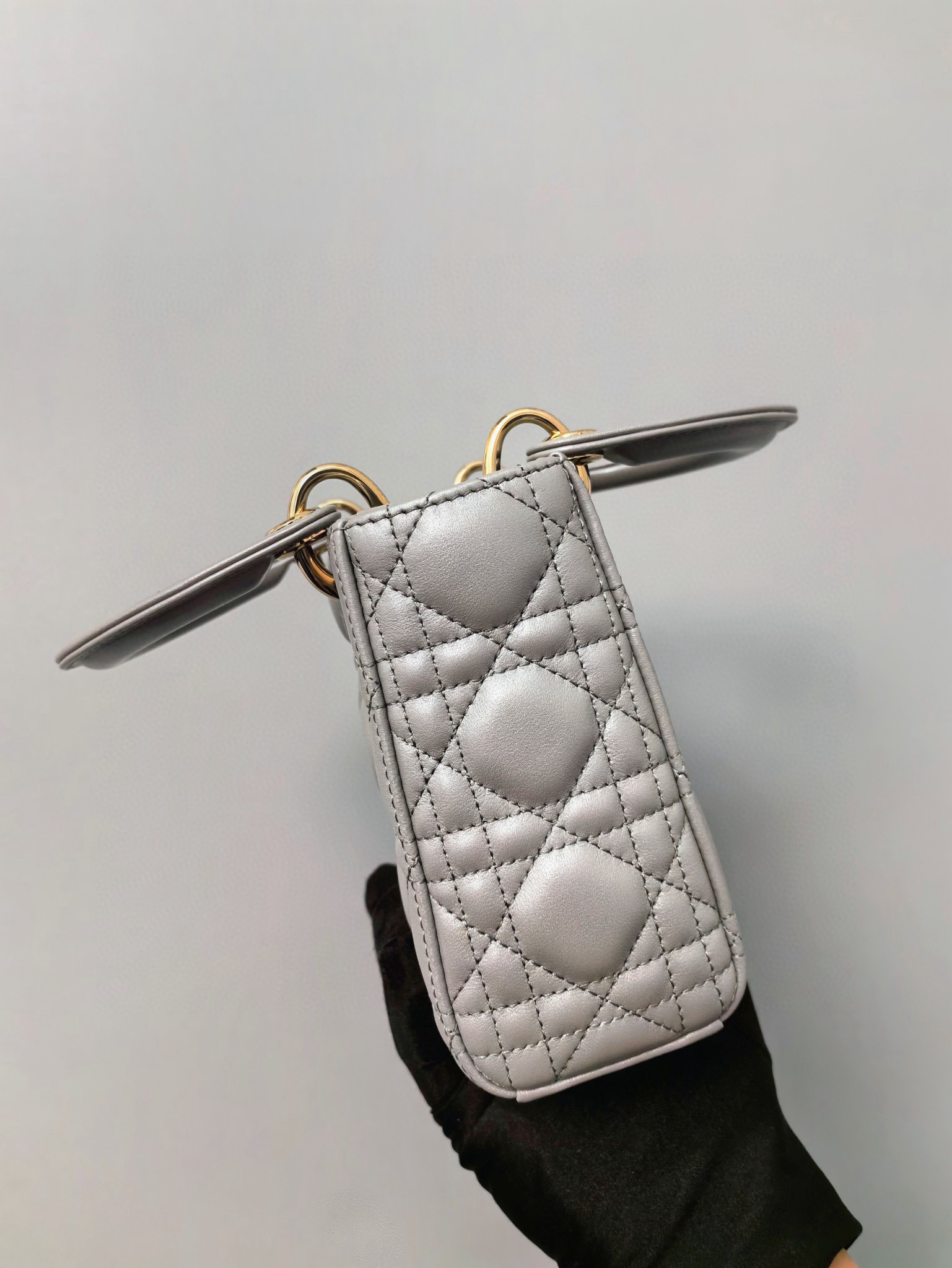 DIOR Mini Lady Dior Bag Grey Pearlescent Cannage Lambskin Gold Hardware