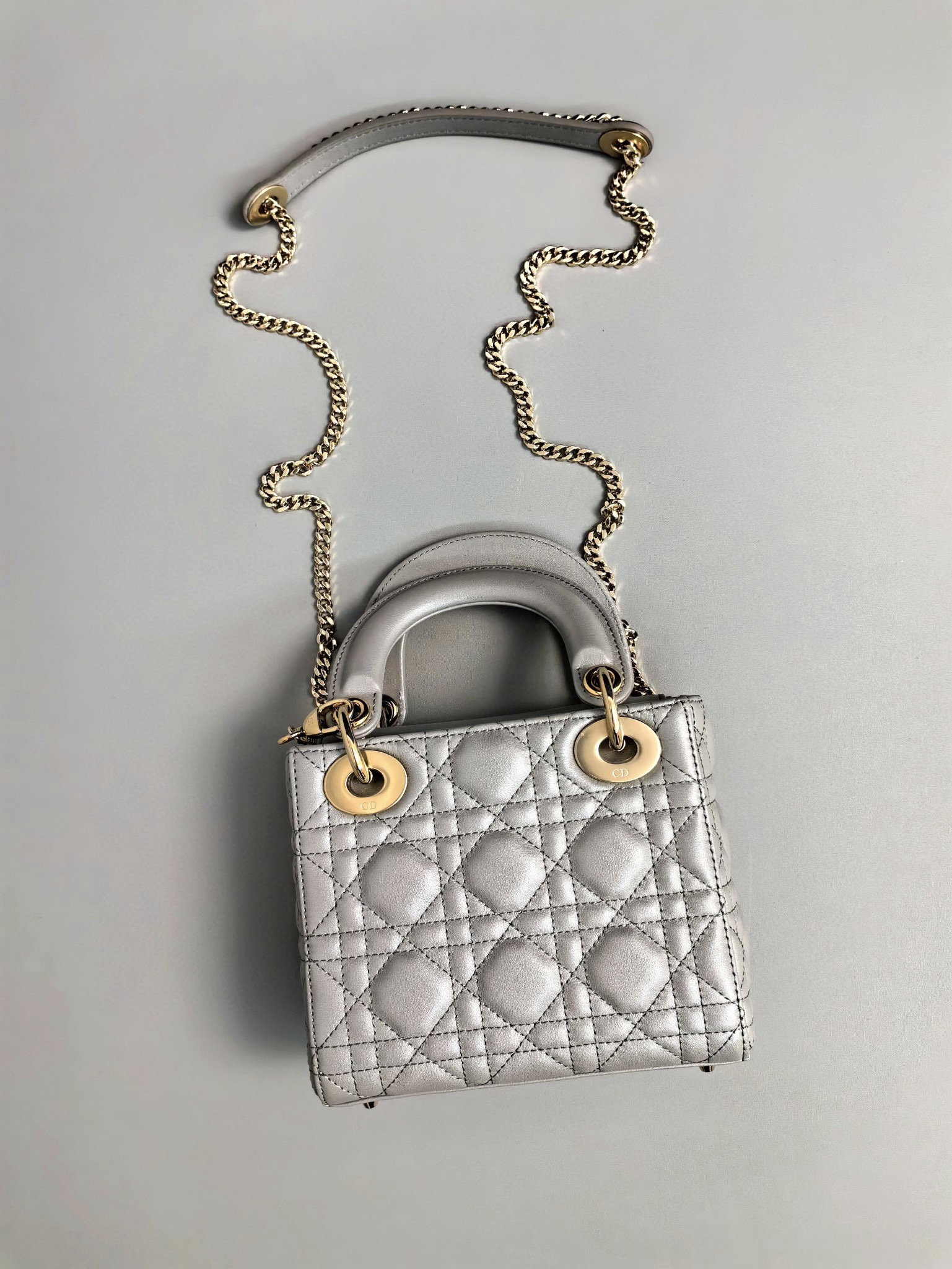 DIOR Mini Lady Dior Bag Grey Pearlescent Cannage Lambskin Gold Hardware