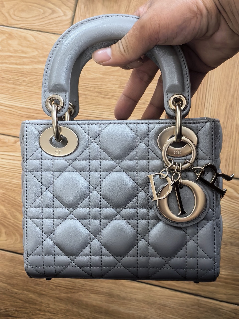 DIOR Mini Lady Dior Bag Grey Pearlescent Cannage Lambskin Gold Hardware