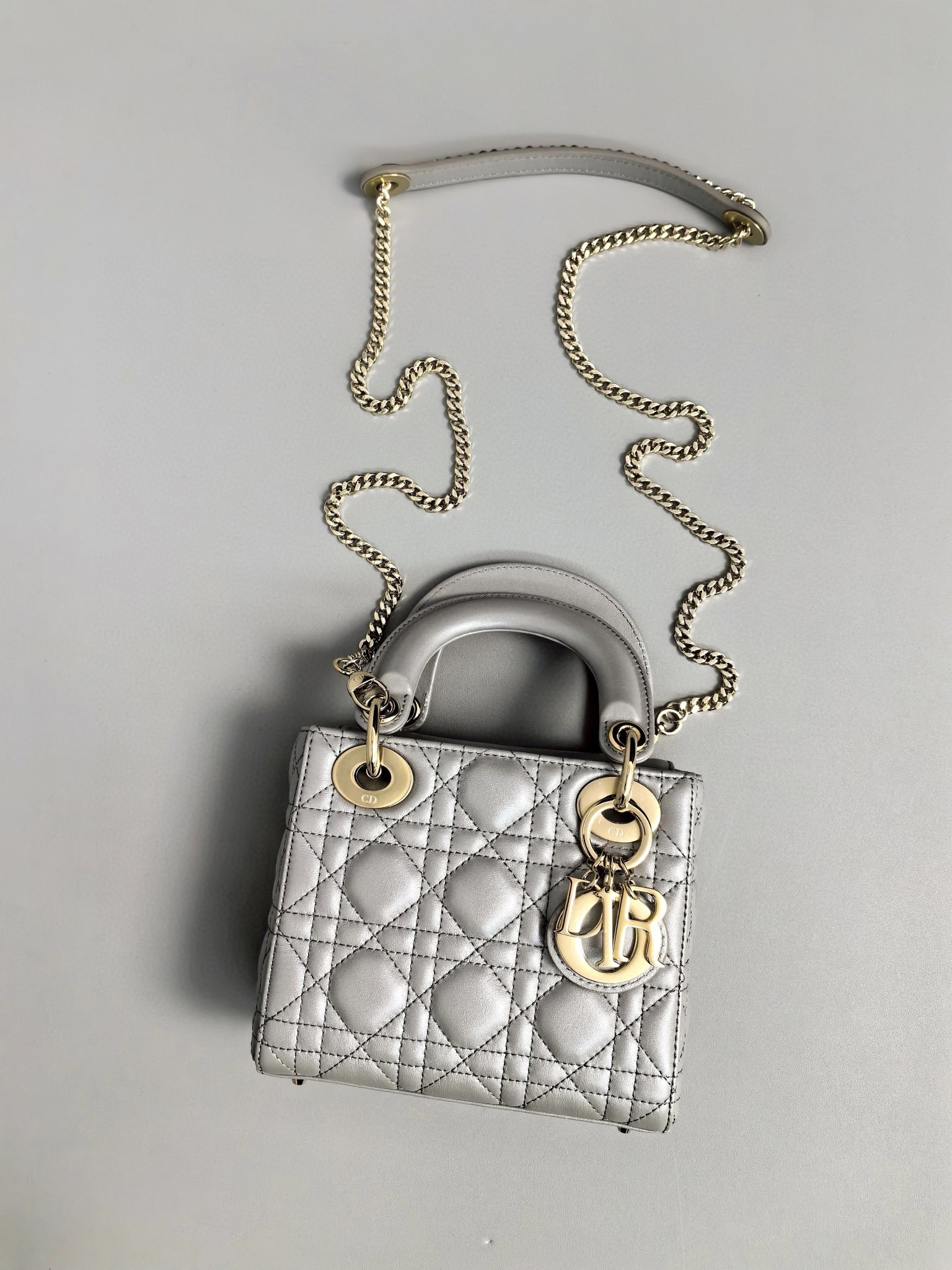 DIOR Mini Lady Dior Bag Grey Pearlescent Cannage Lambskin Gold Hardware