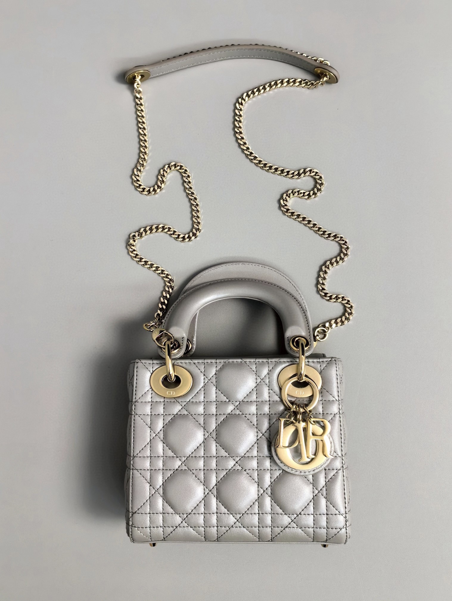 DIOR Mini Lady Dior Bag Grey Pearlescent Cannage Lambskin Gold Hardware