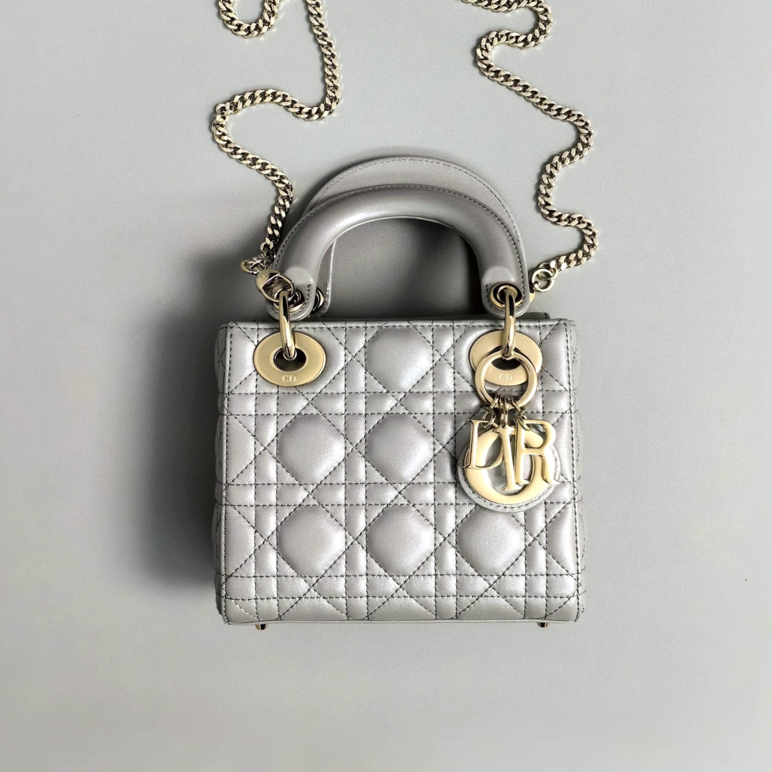 DIOR Mini Lady Dior Bag Grey Pearlescent Cannage Lambskin Gold Hardware