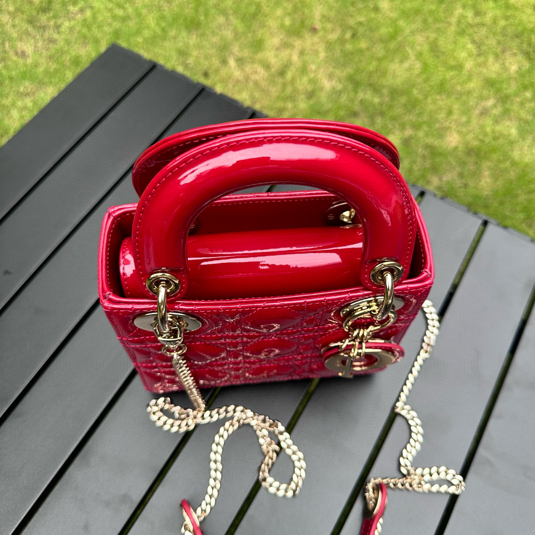 DIOR Mini Lady Dior Bag Cherry Red Patent Cannage Calfskin Gold Hardware