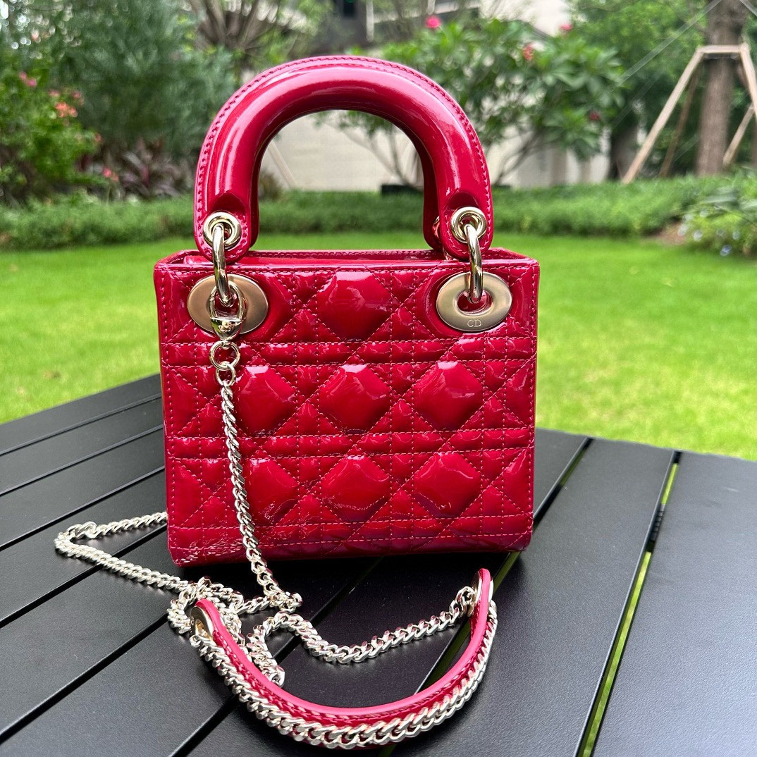 DIOR Mini Lady Dior Bag Cherry Red Patent Cannage Calfskin Gold Hardware