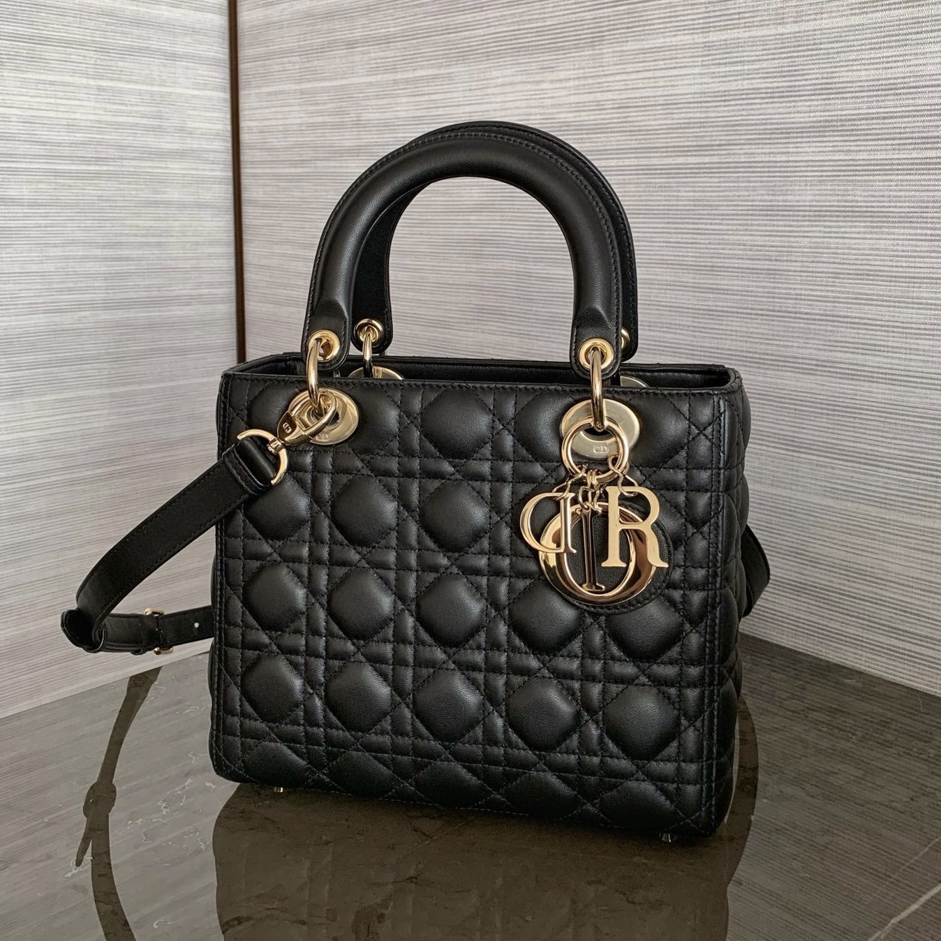 DIOR Medium Lady Dior Bag In Black Cannage Lambskin Gold Hardware