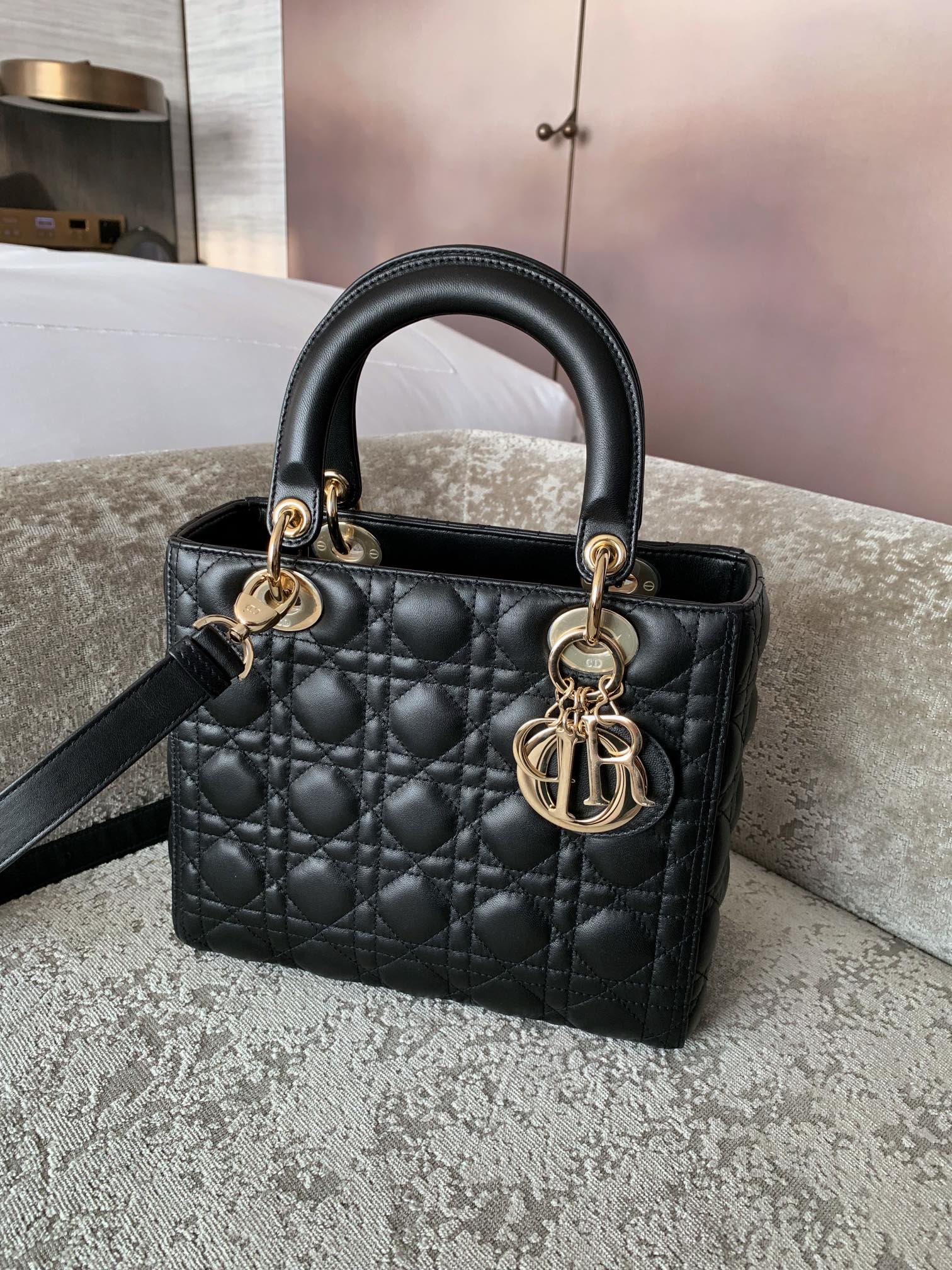 DIOR Medium Lady Dior Bag In Black Cannage Lambskin Gold Hardware