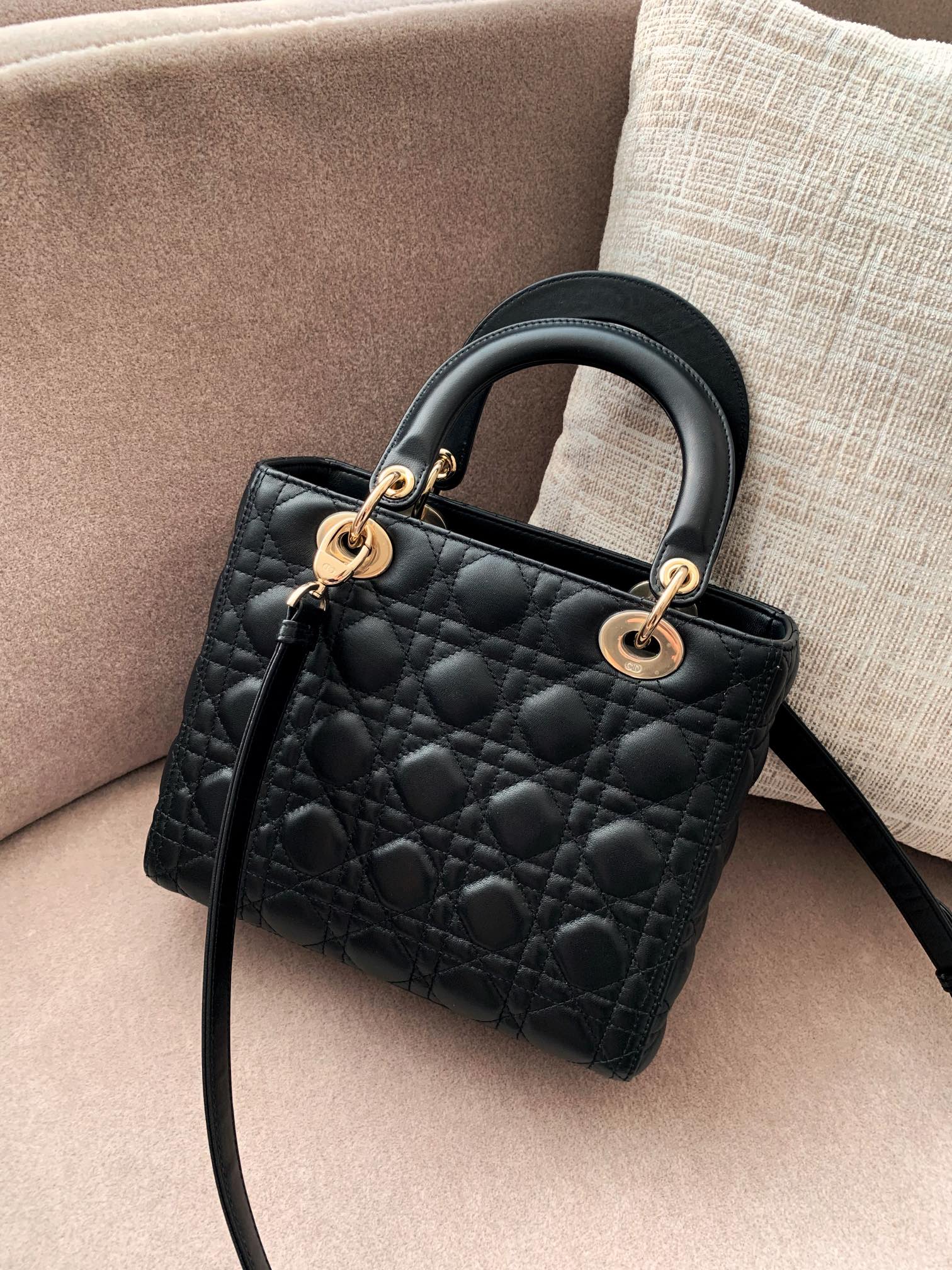 DIOR Medium Lady Dior Bag In Black Cannage Lambskin Gold Hardware