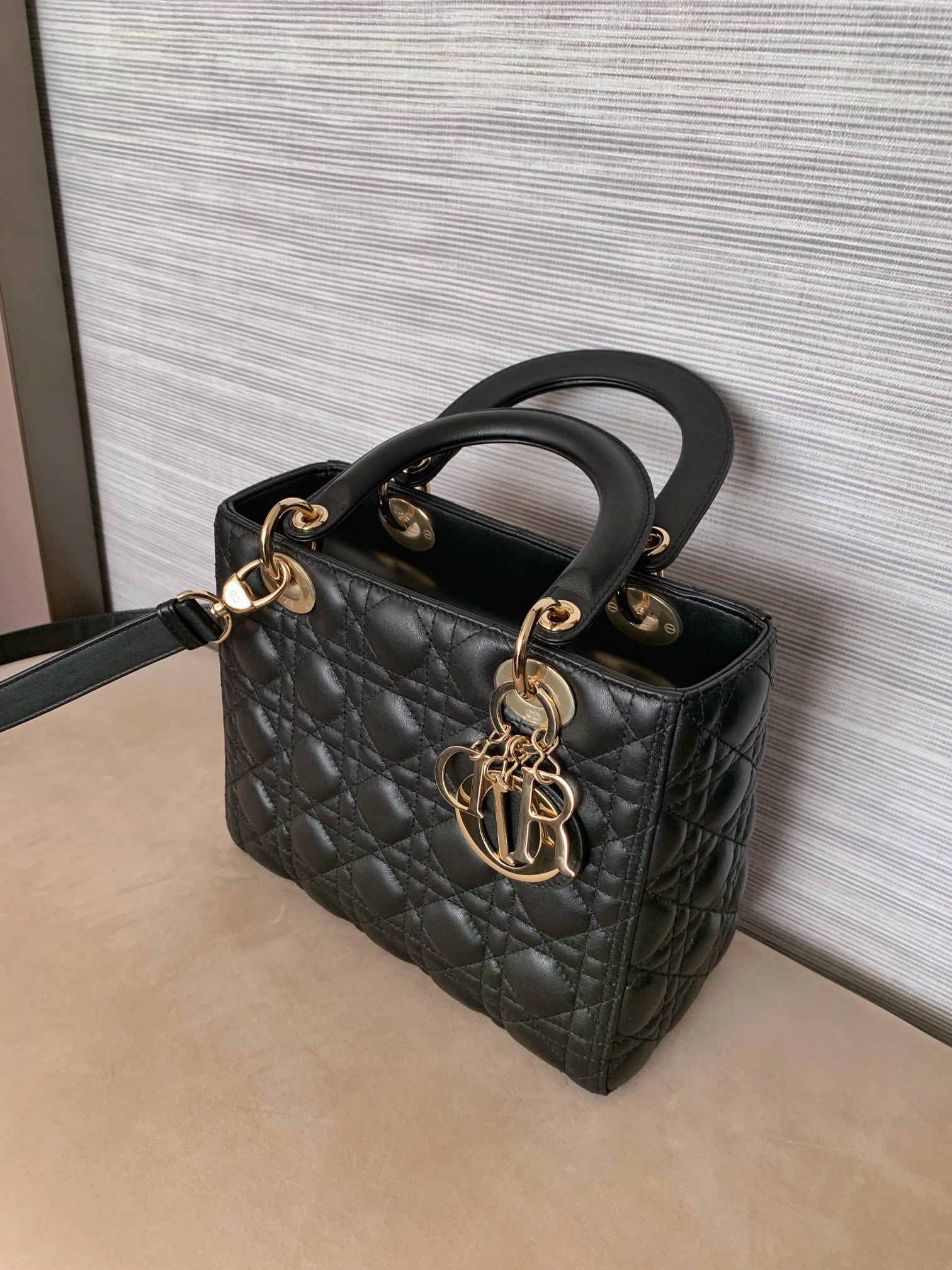 DIOR Medium Lady Dior Bag In Black Cannage Lambskin Gold Hardware