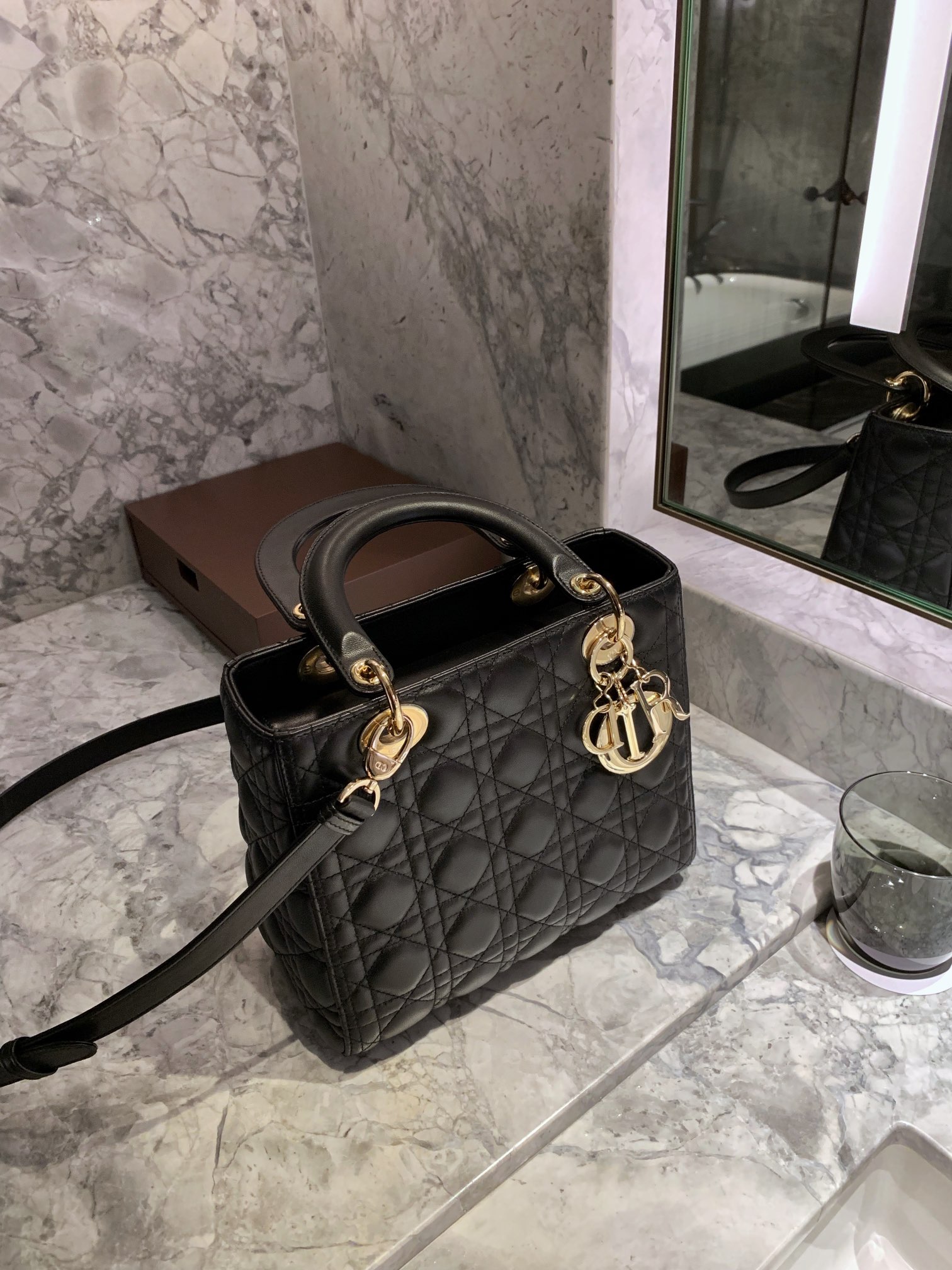 DIOR Medium Lady Dior Bag In Black Cannage Lambskin Gold Hardware