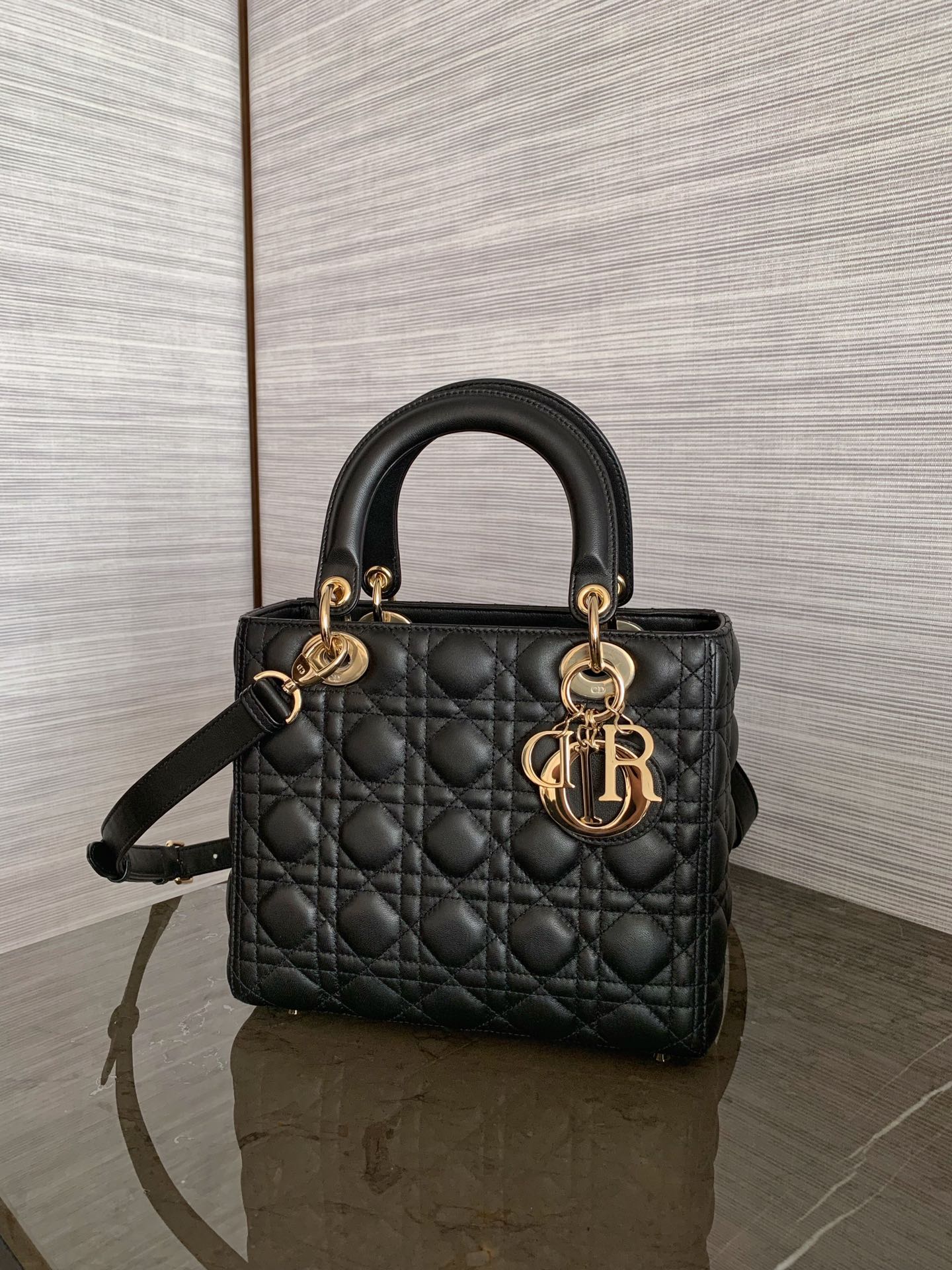 DIOR Medium Lady Dior Bag In Black Cannage Lambskin Gold Hardware