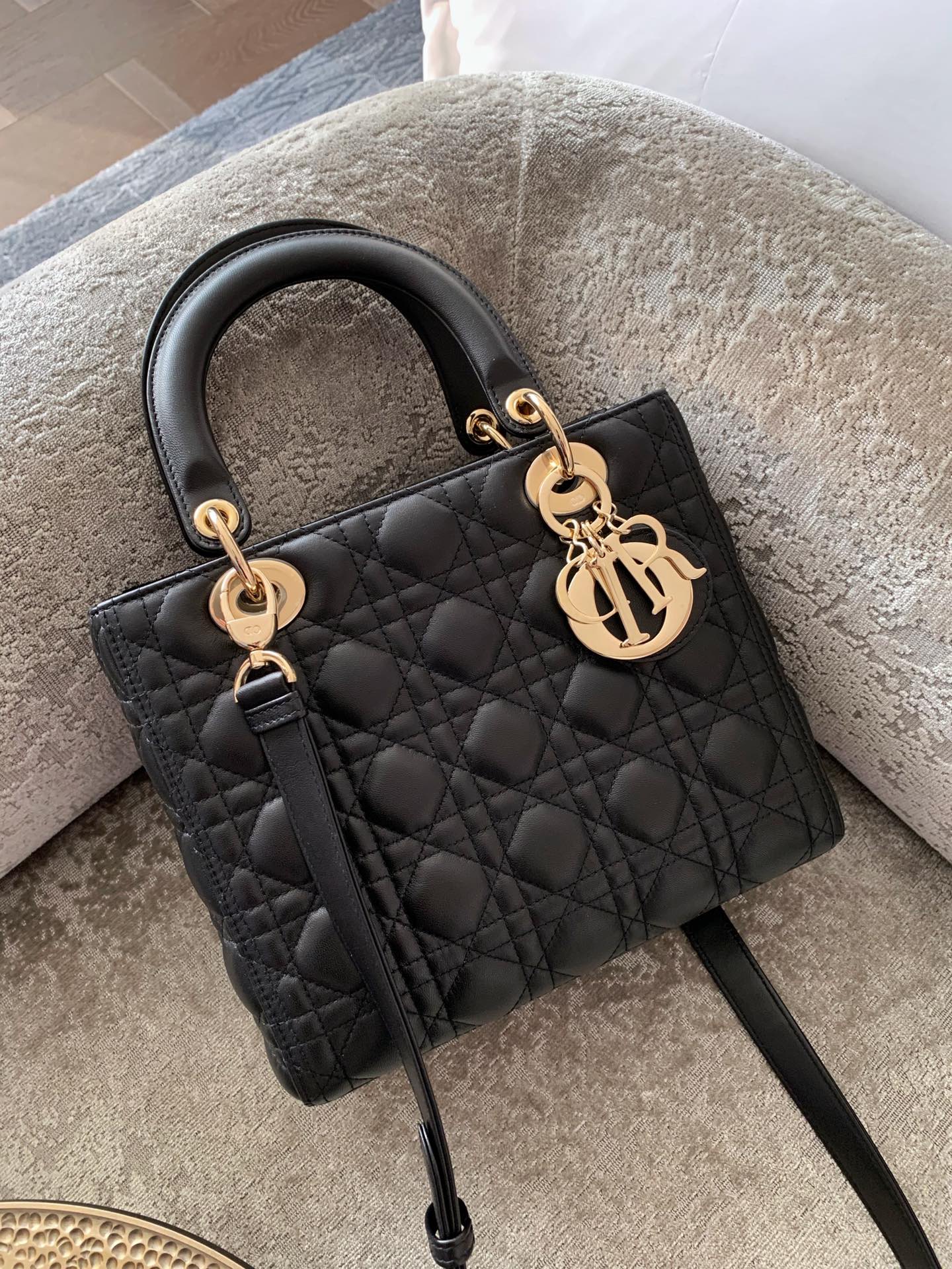 DIOR Medium Lady Dior Bag In Black Cannage Lambskin Gold Hardware