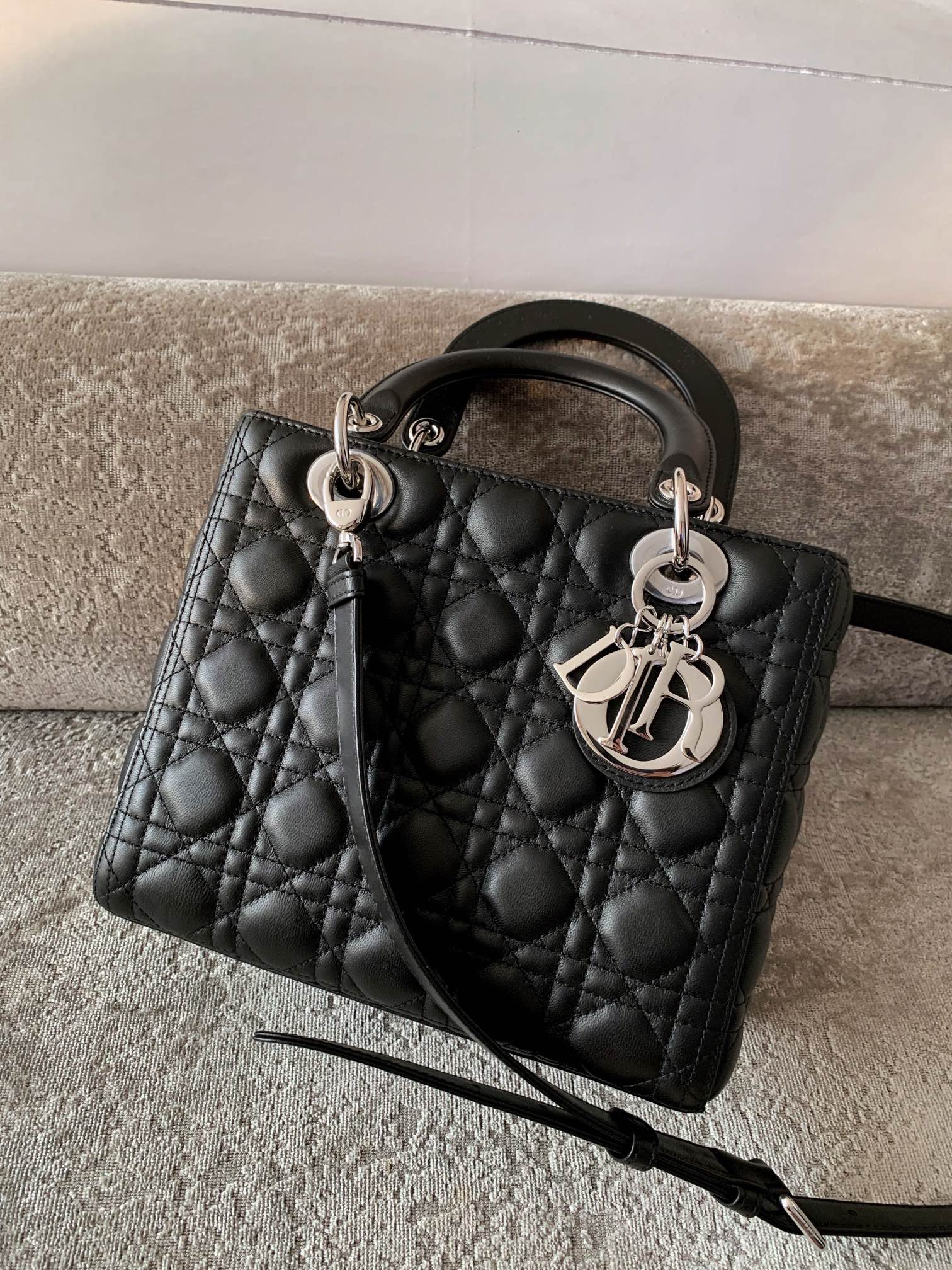 DIOR Medium Lady Dior Bag In Black Cannage Lambskin Sliver Hardware