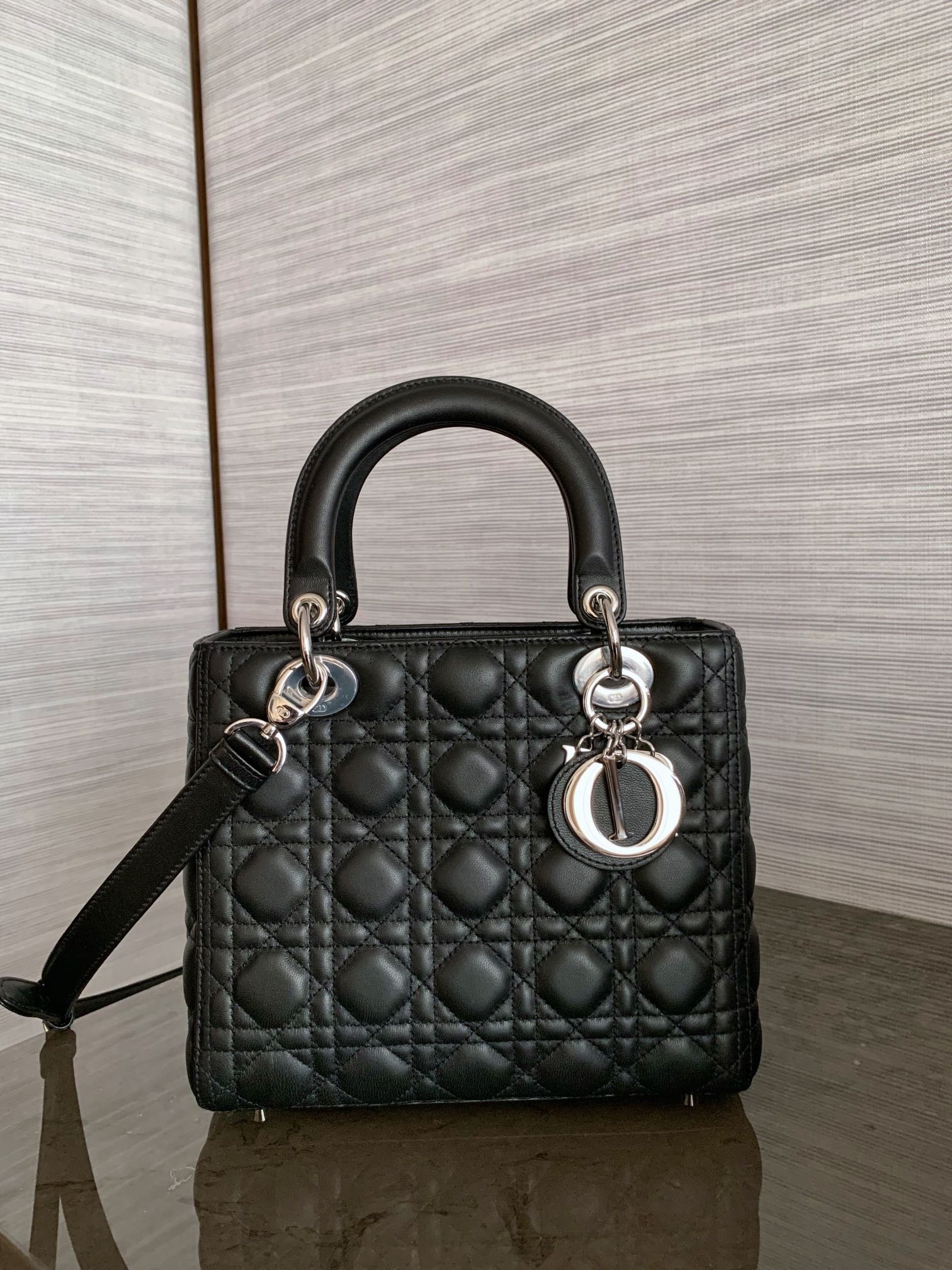 DIOR Medium Lady Dior Bag In Black Cannage Lambskin Sliver Hardware