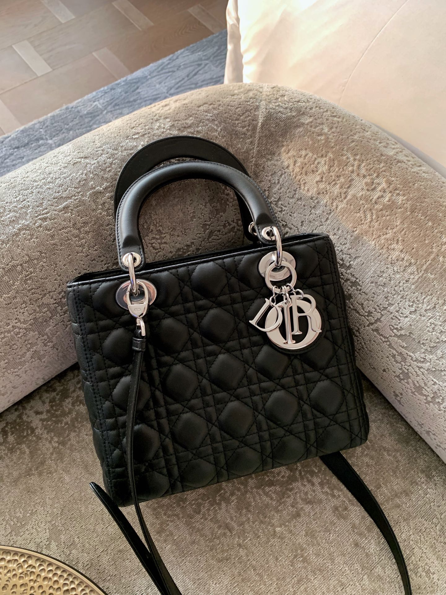 DIOR Medium Lady Dior Bag In Black Cannage Lambskin Sliver Hardware