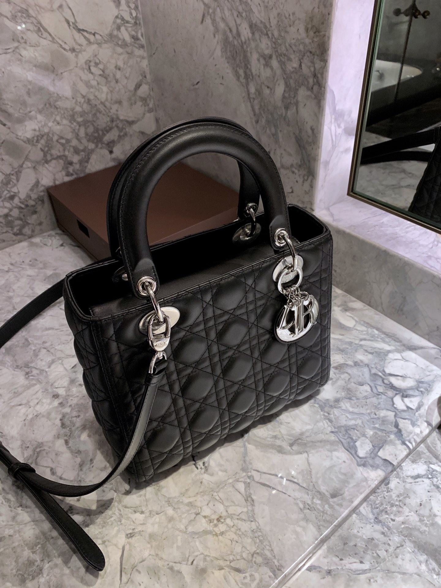 DIOR Medium Lady Dior Bag In Black Cannage Lambskin Sliver Hardware