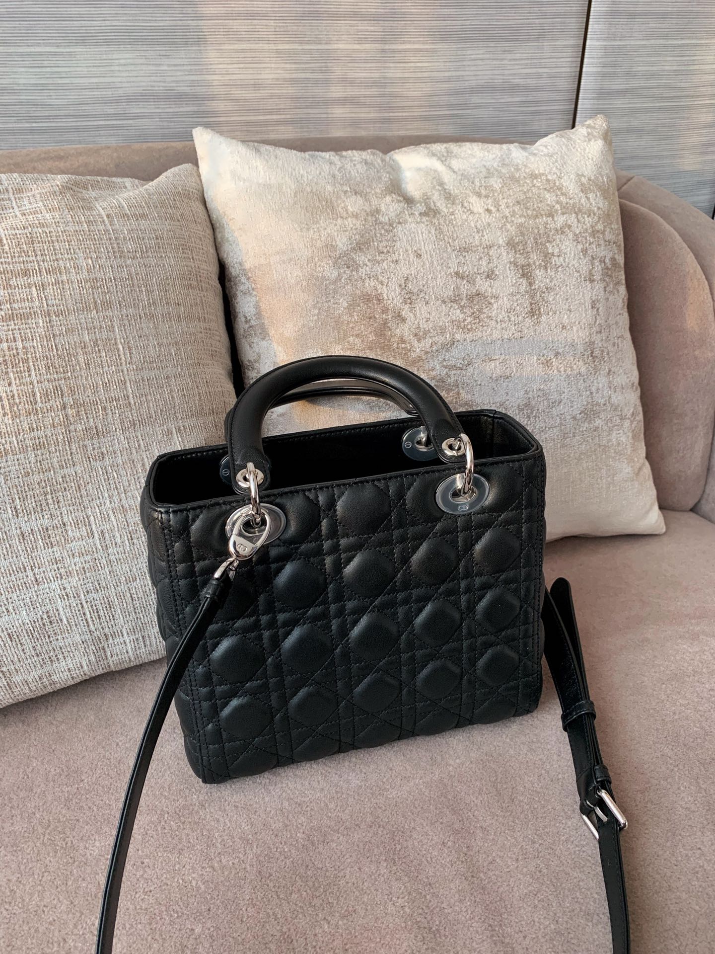 DIOR Medium Lady Dior Bag In Black Cannage Lambskin Sliver Hardware