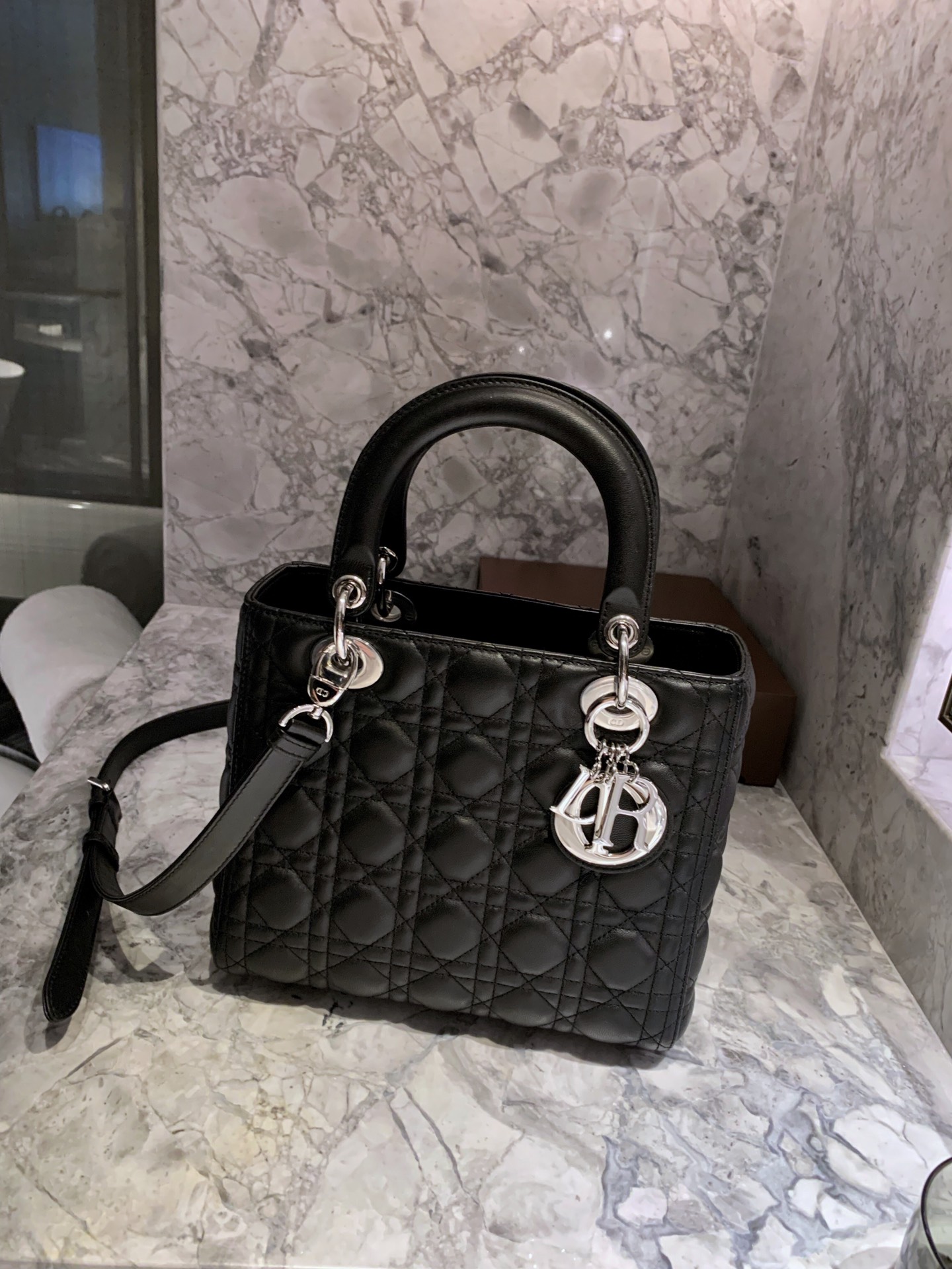 DIOR Medium Lady Dior Bag In Black Cannage Lambskin Sliver Hardware