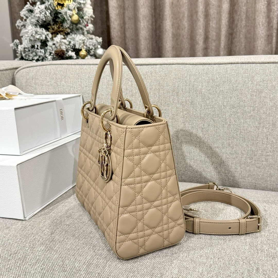 DIOR Medium Lady Dior Bag In Sand-Colored Cannage Lambskin Gold Hardware