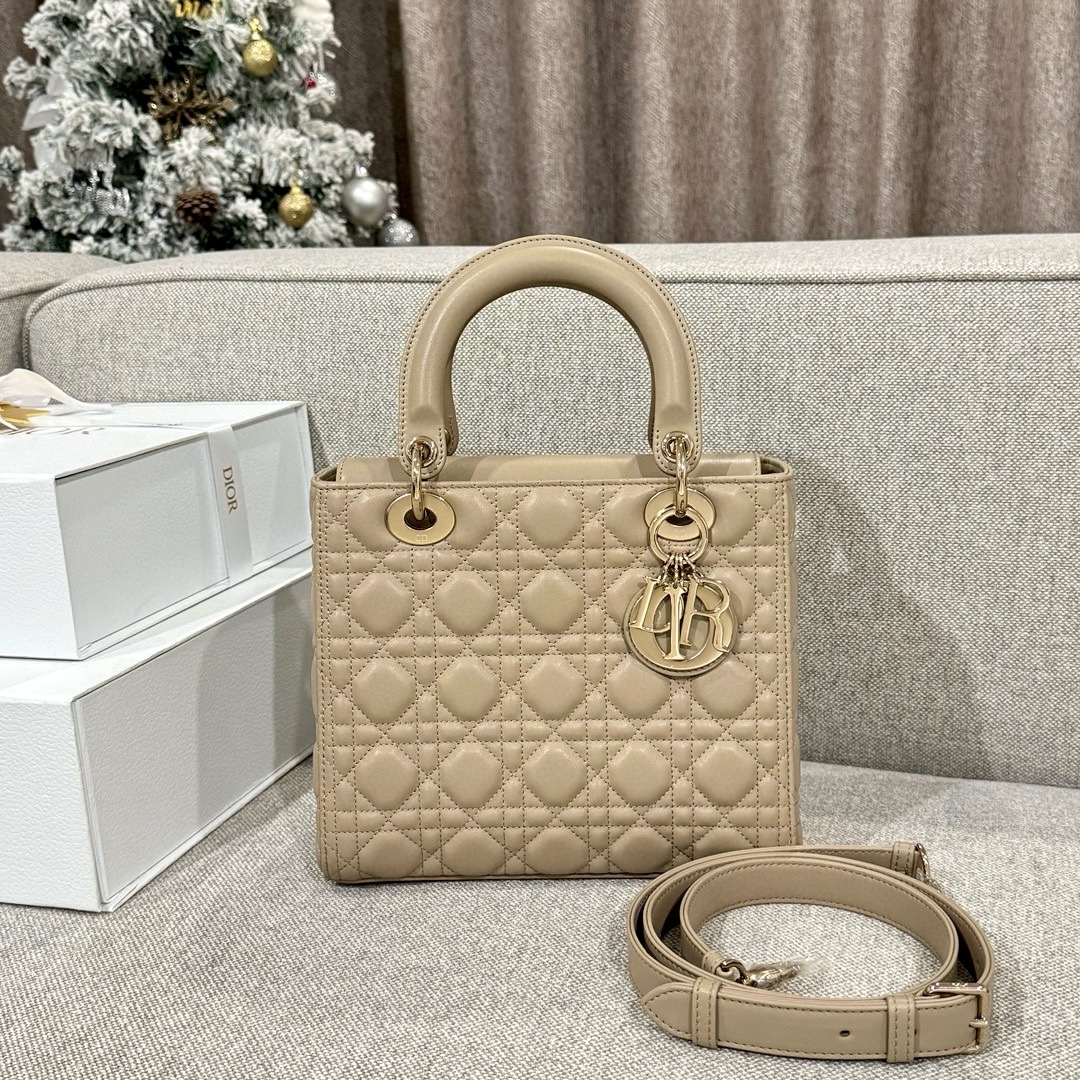 DIOR Medium Lady Dior Bag In Sand-Colored Cannage Lambskin Gold Hardware