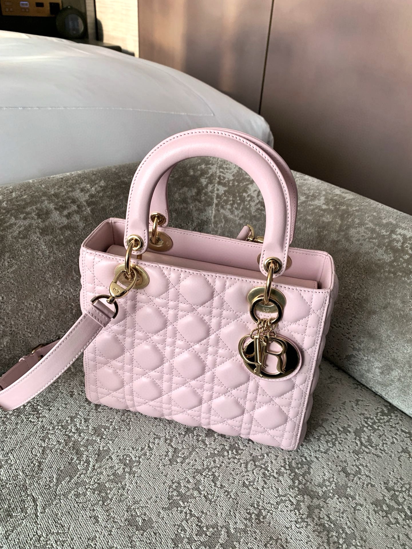 DIOR Medium Lady Dior Bag  Pale Pink Cannage Lambskin Gold Hardware