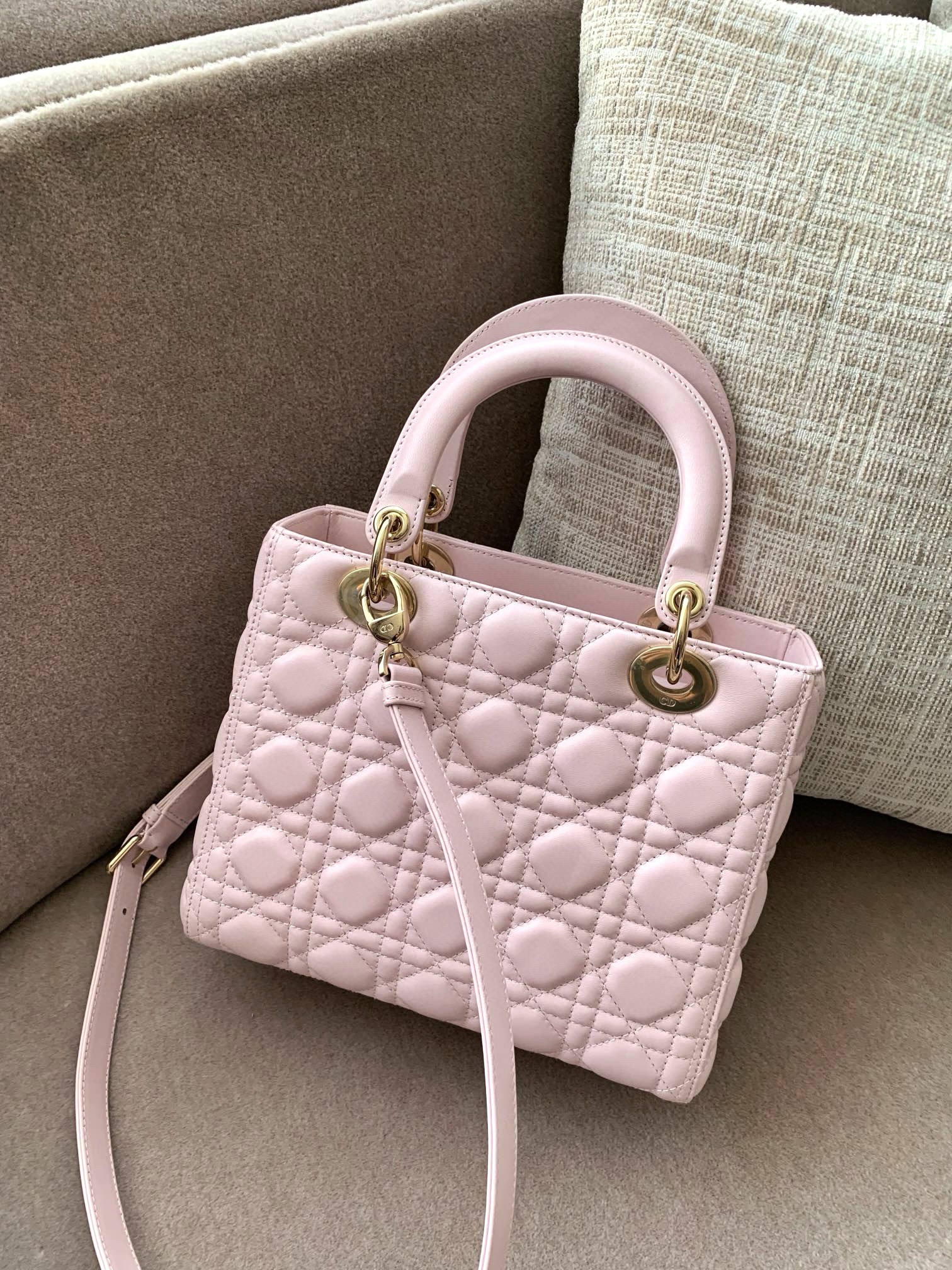 DIOR Medium Lady Dior Bag  Pale Pink Cannage Lambskin Gold Hardware