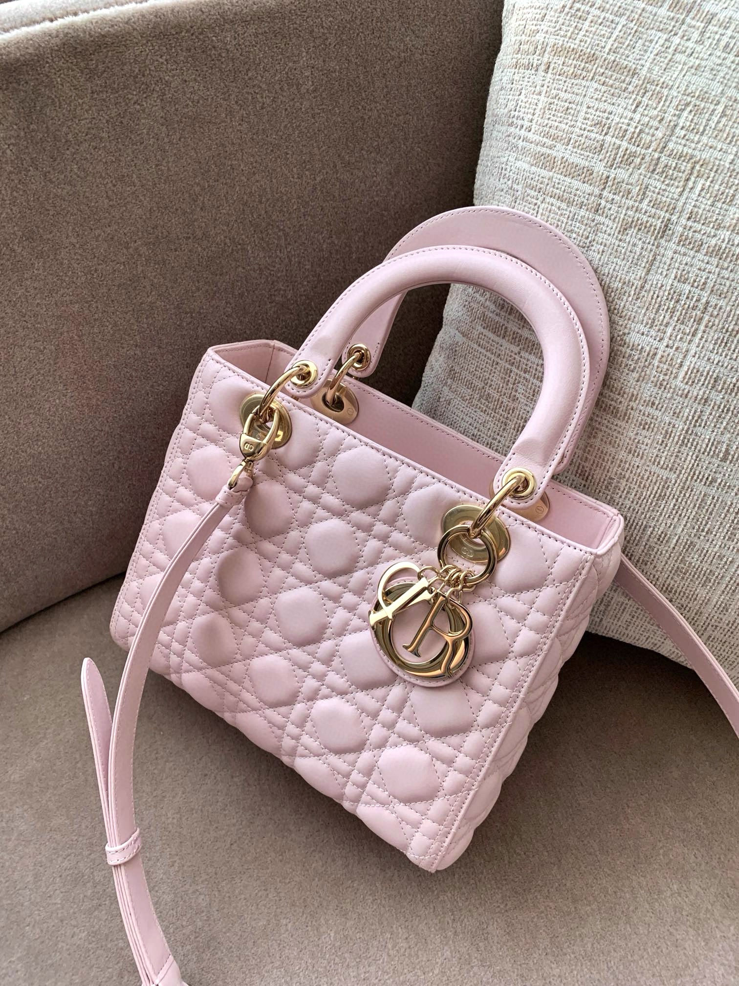 DIOR Medium Lady Dior Bag  Pale Pink Cannage Lambskin Gold Hardware