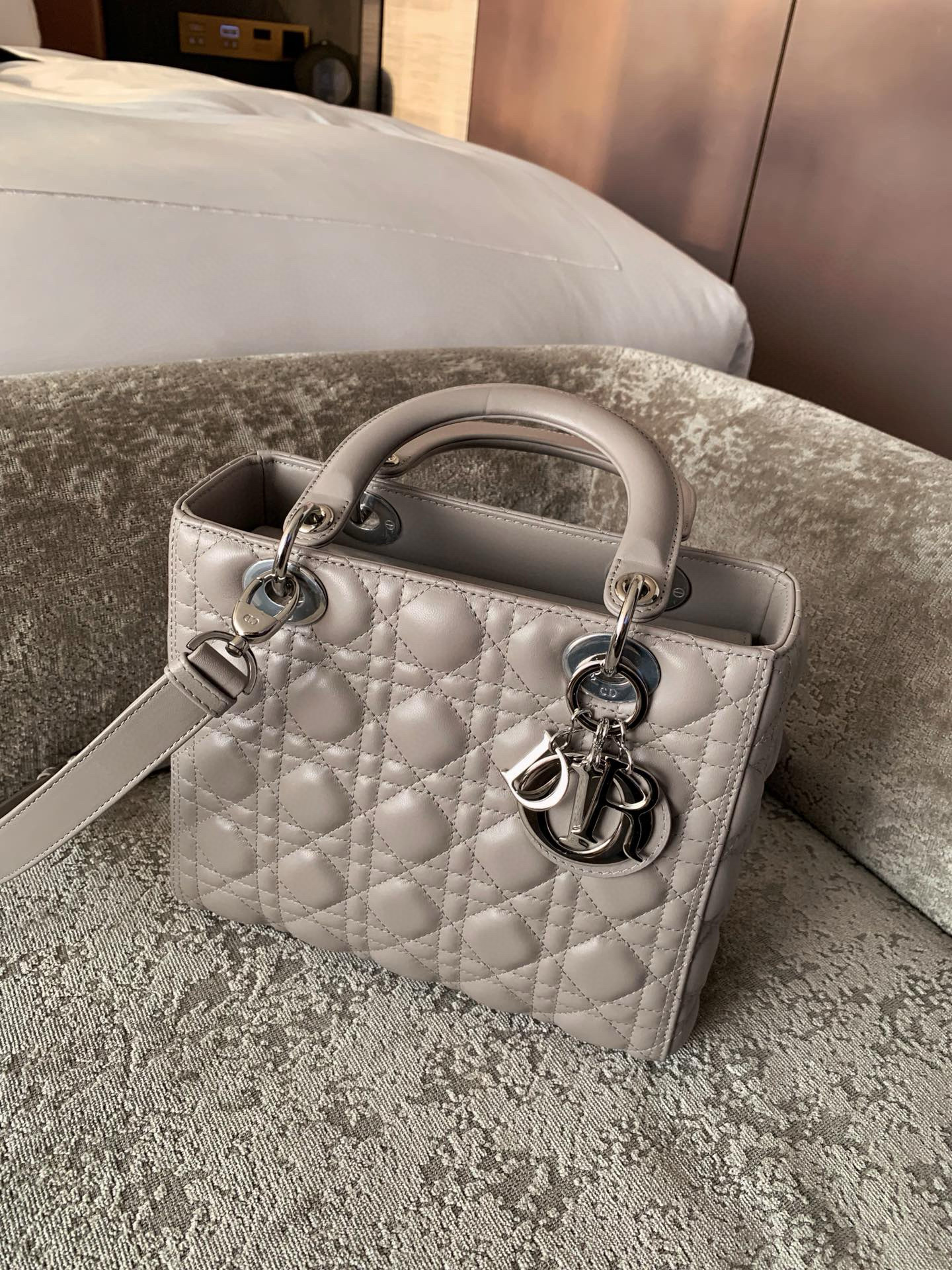 DIOR Medium Lady Dior Bag Grey Lambskin Silver Hardware