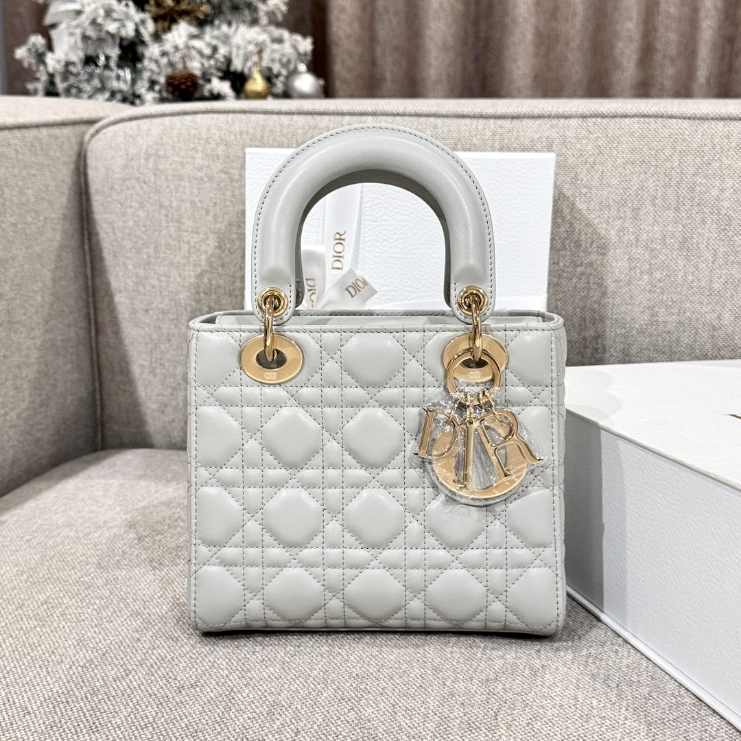  DIOR Small Lady Dior Bag In Cloud Gray Cannage Lambskin Gold Hardware