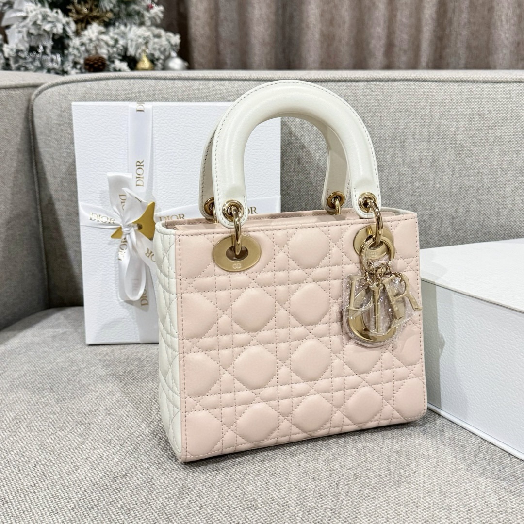 DIOR Small Lady Dior Bag Two-Tone Powder Pink and Latte Cannage Lambskin Gold Hardware