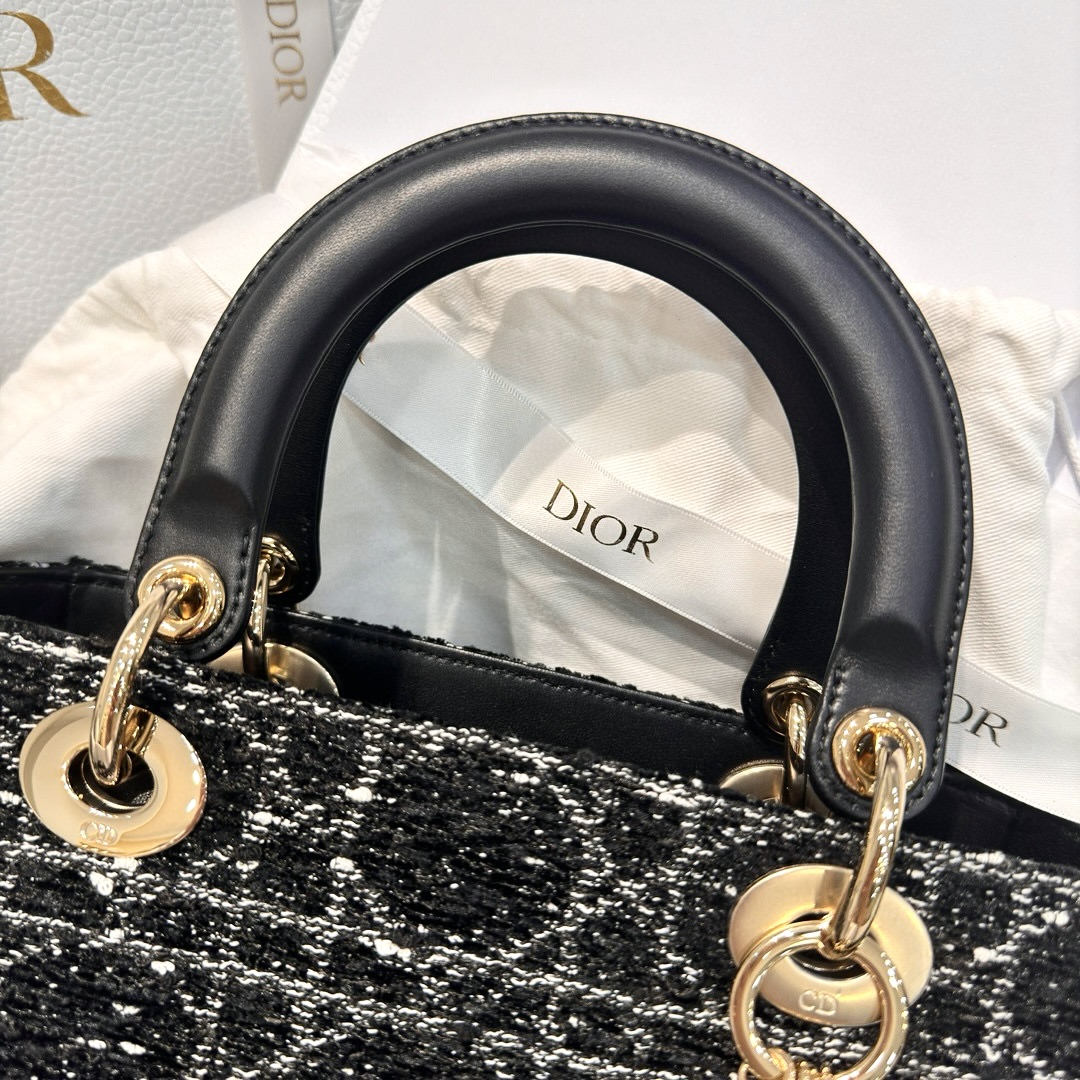 DIOR Medium Lady D-Lite Bag Black and White Cannage Tweed Gold Hardware