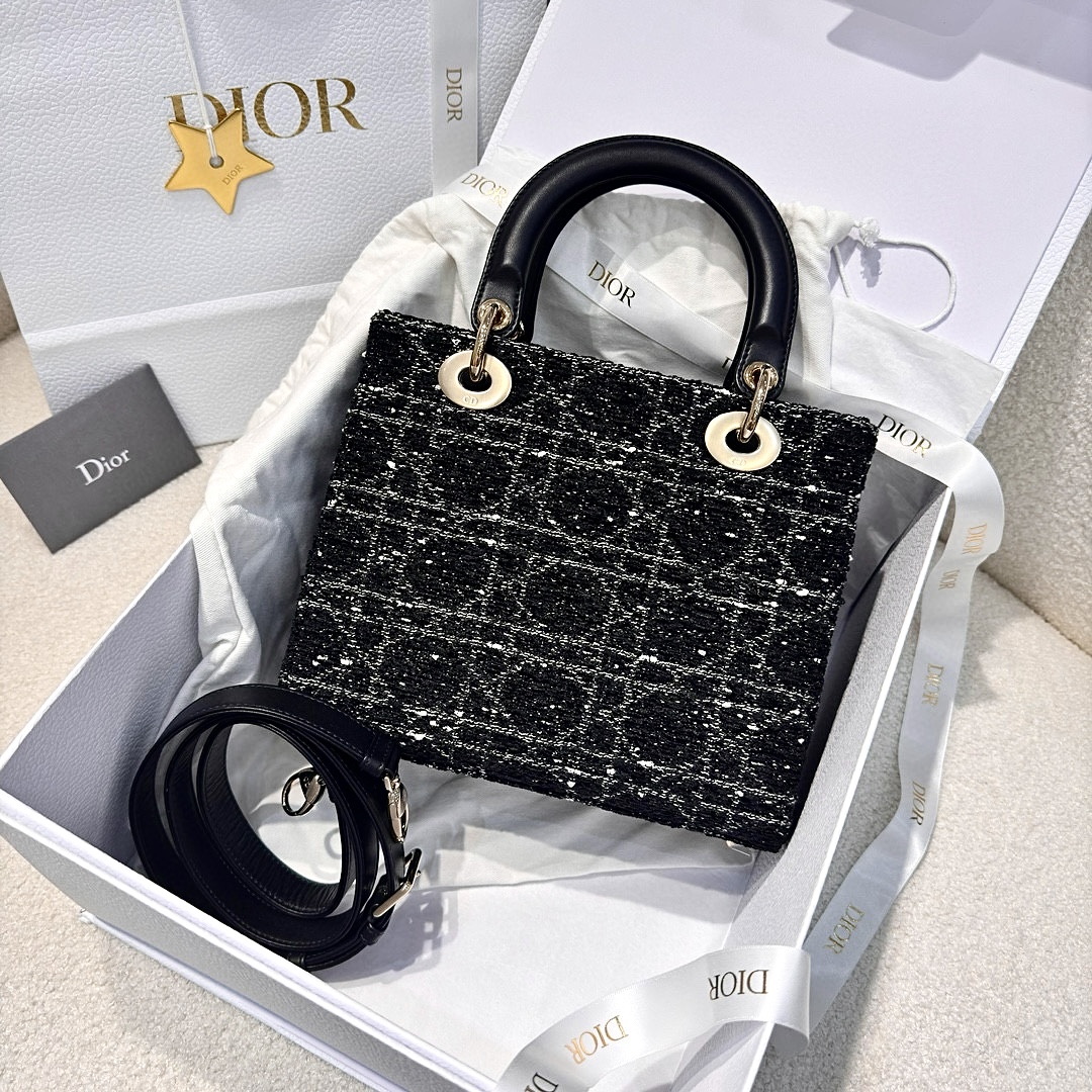 DIOR Medium Lady D-Lite Bag Black and White Cannage Tweed Gold Hardware