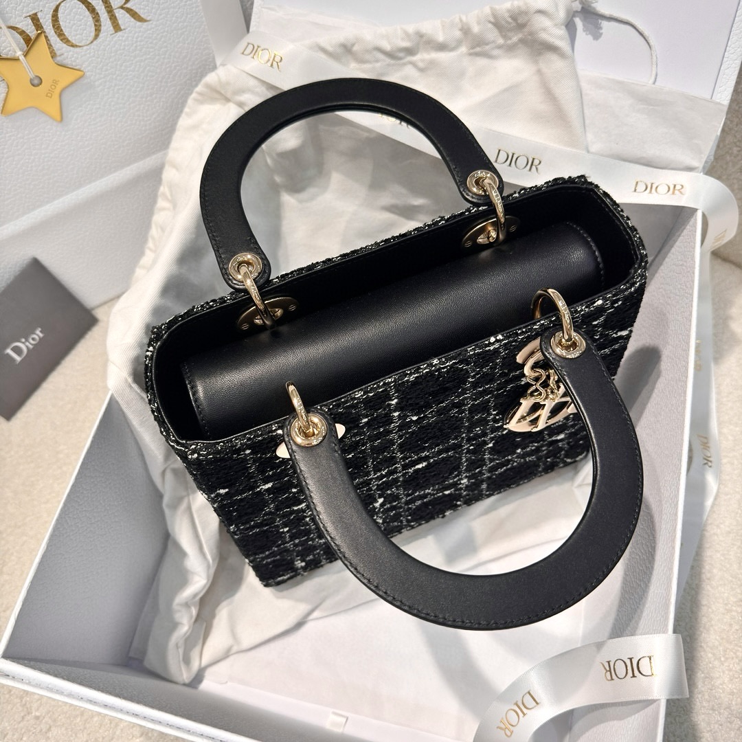 DIOR Medium Lady D-Lite Bag Black and White Cannage Tweed Gold Hardware