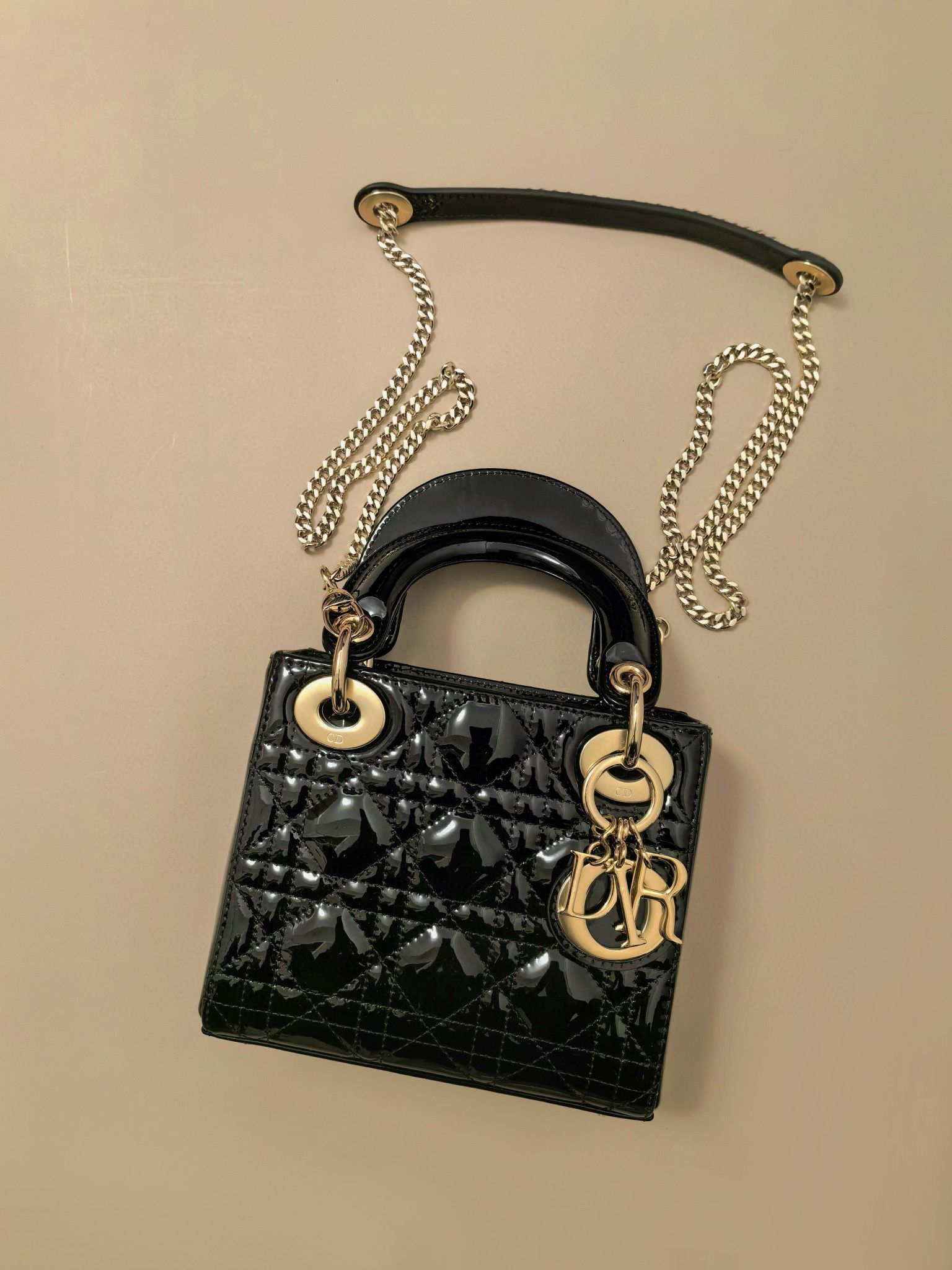 DIOR Mini Lady Dior Bag Black Patent Cannage Calfskin Gold Hardware