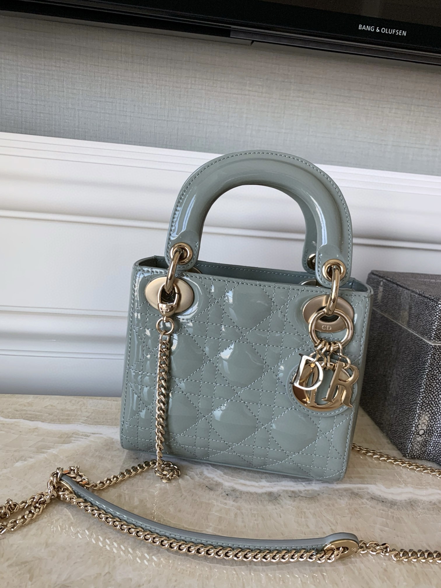 DIOR Mini Lady Dior Bag Stone Gray Patent Cannage Calfskin Gold Hardware