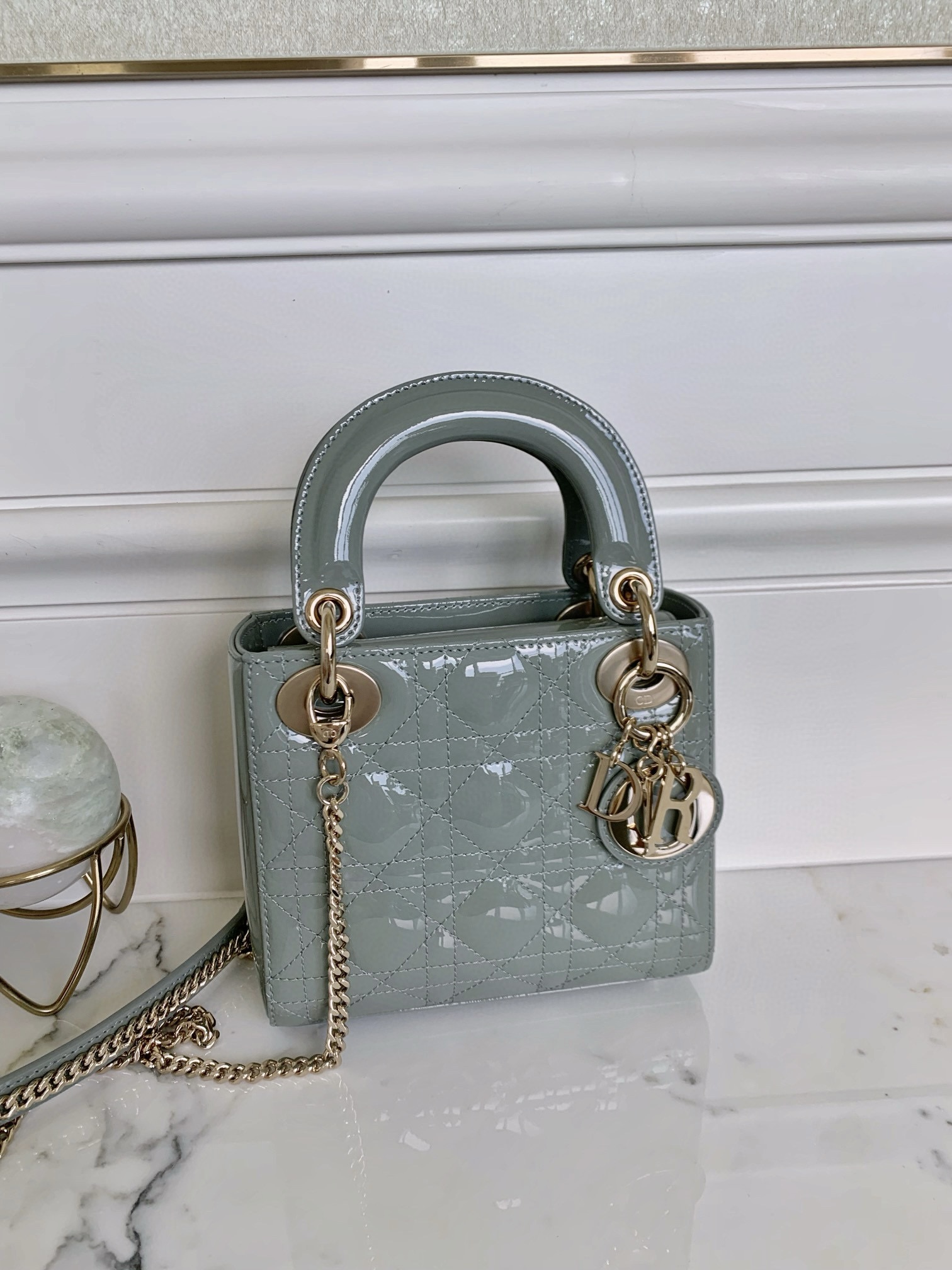 DIOR Mini Lady Dior Bag Stone Gray Patent Cannage Calfskin Gold Hardware