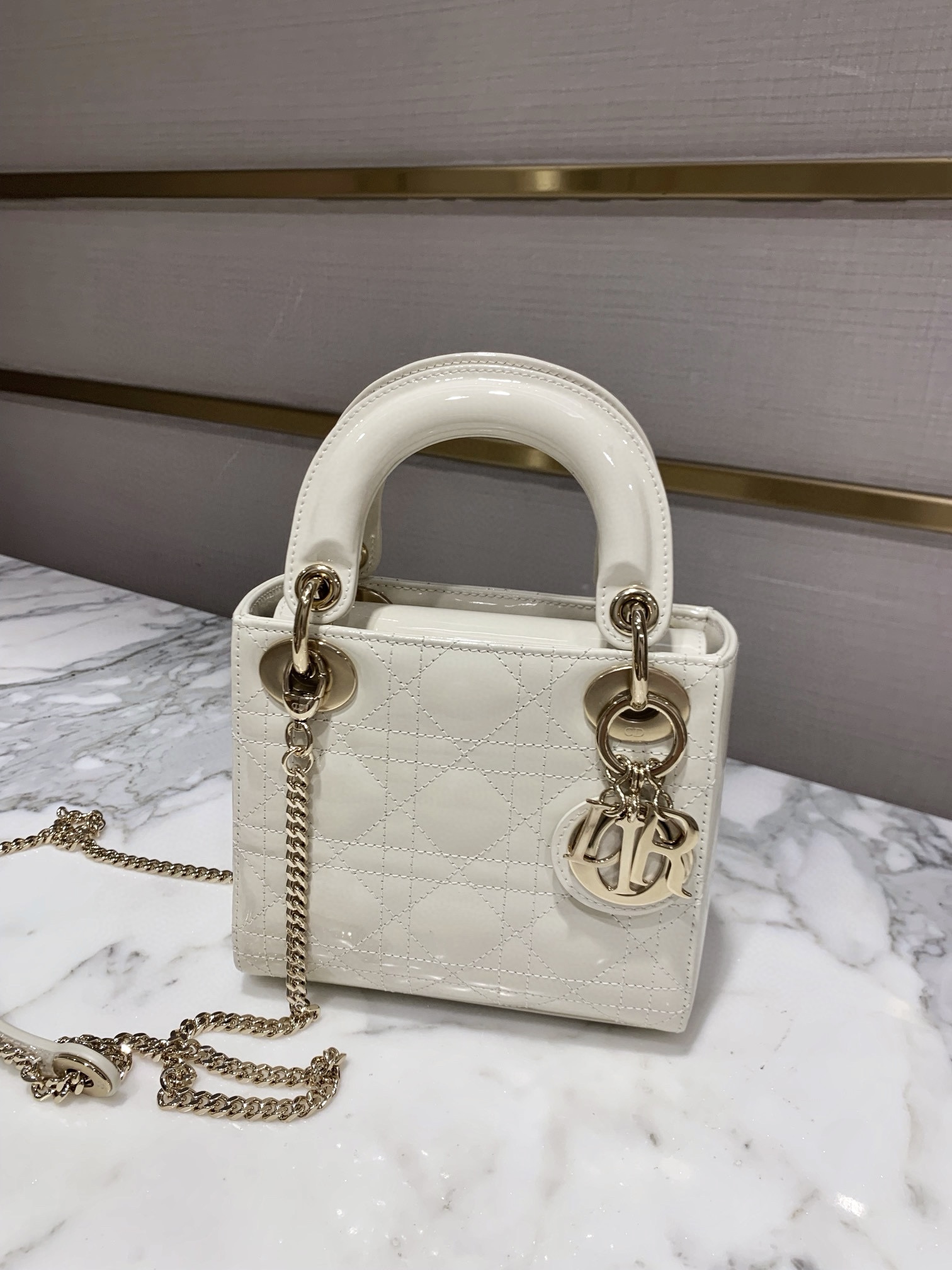 DIOR Mini Lady Dior Bag Latte Patent Cannage Calfskin Gold Hardware