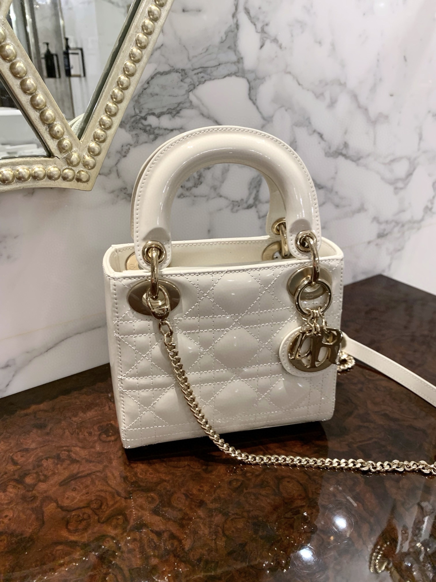 DIOR Mini Lady Dior Bag Latte Patent Cannage Calfskin Gold Hardware