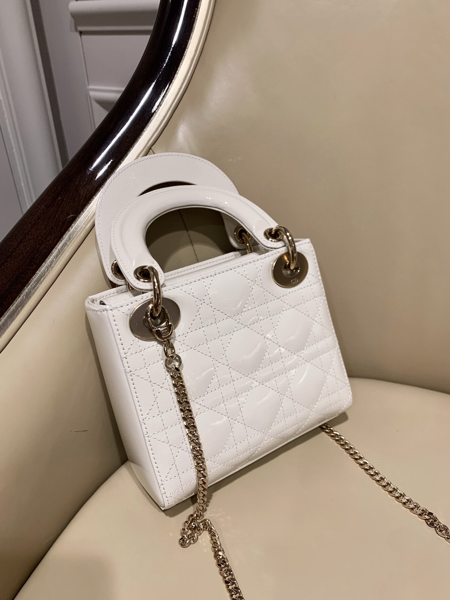 DIOR Mini Lady Dior Bag Latte Patent Cannage Calfskin Gold Hardware