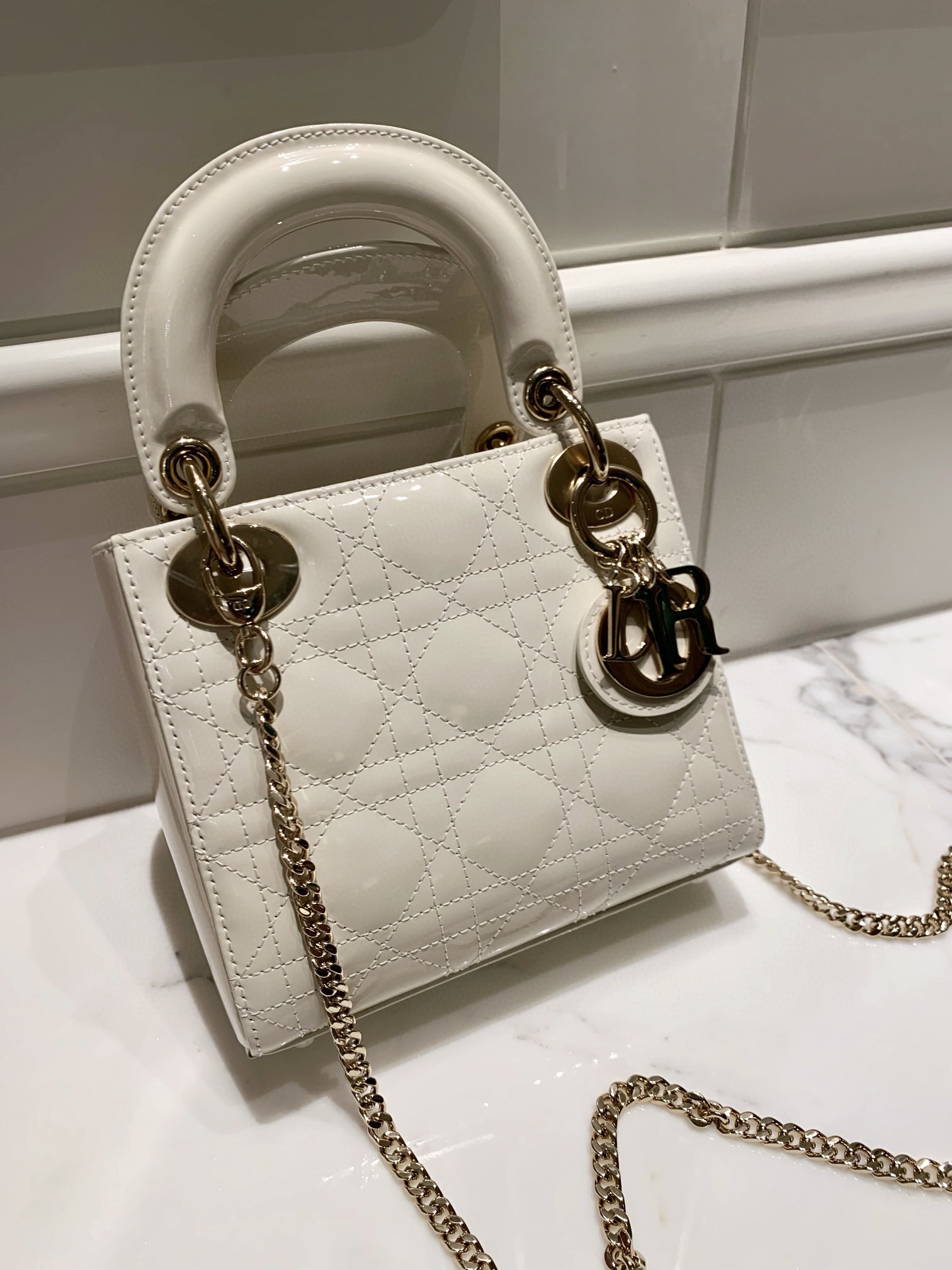 DIOR Mini Lady Dior Bag Latte Patent Cannage Calfskin Gold Hardware