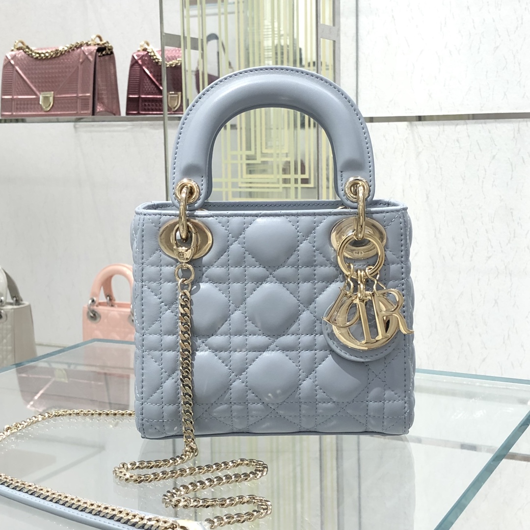 DIOR Mini Lady Dior Bag Pale Blue Cannage Lambskin Gold Hardware