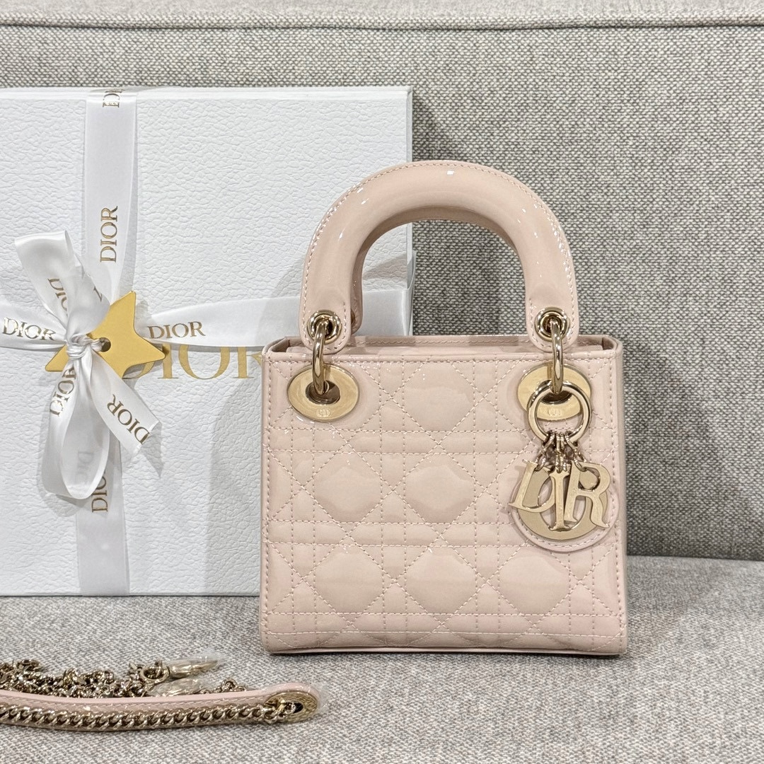 DIOR Mini Lady Dior Bag Powder Pink Patent Cannage Calfskin Gold Hardware