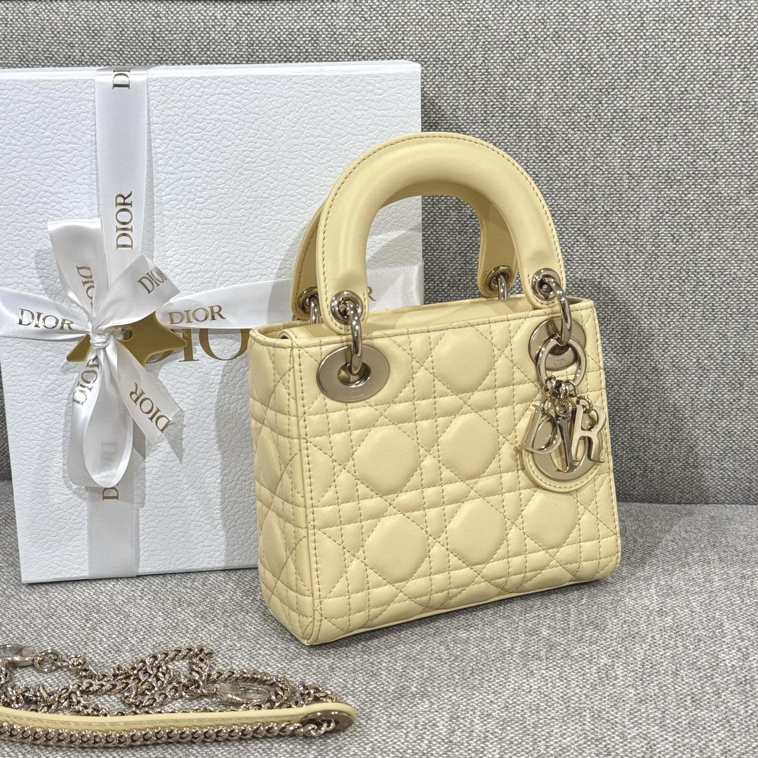 DIOR Mini Lady Dior Bag Pale Yellow Cannage Lambskin Gold Hardware